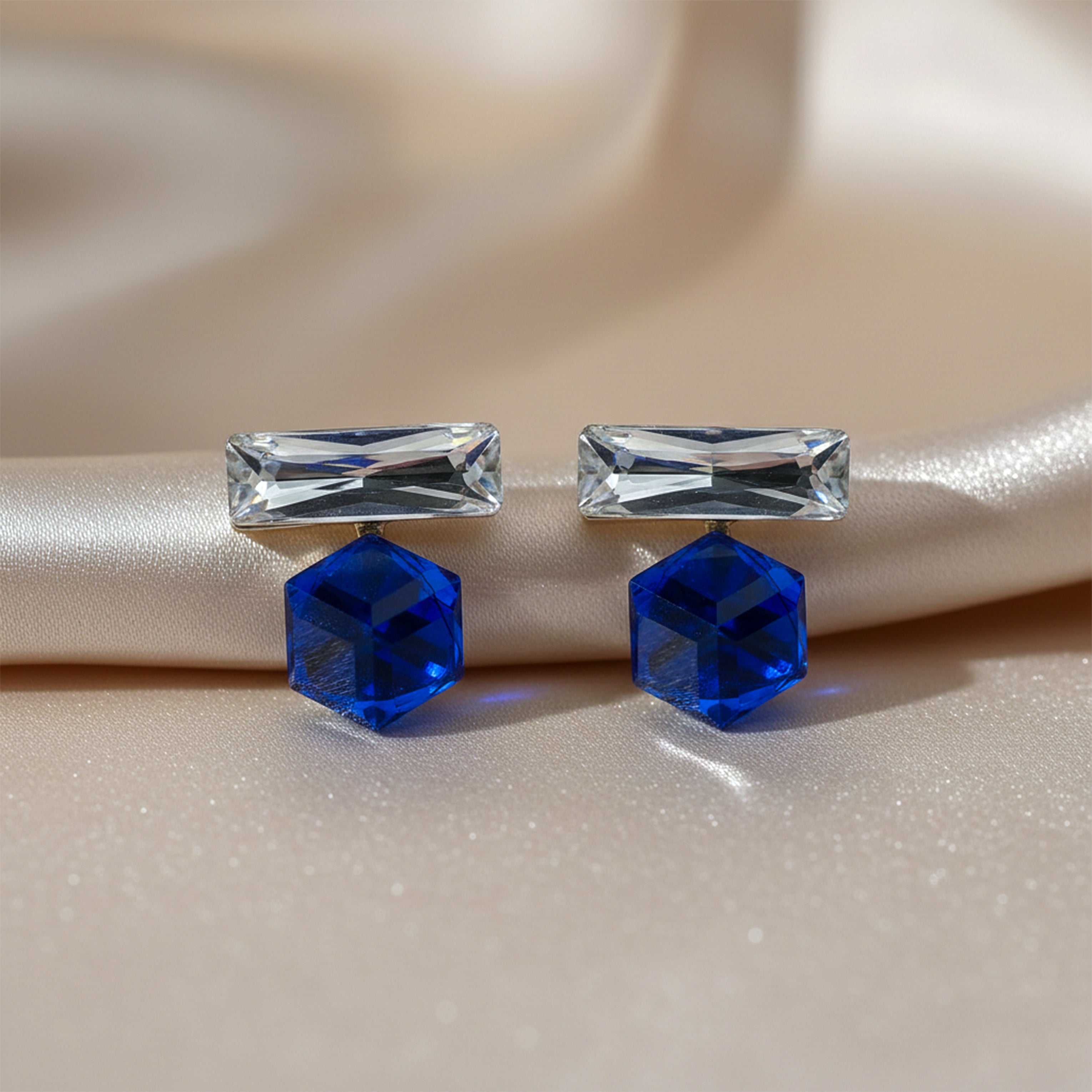 Women Stud Earrings Blue & Clear Crystal Geometric Drop Gold jewellery - Finora Jewels