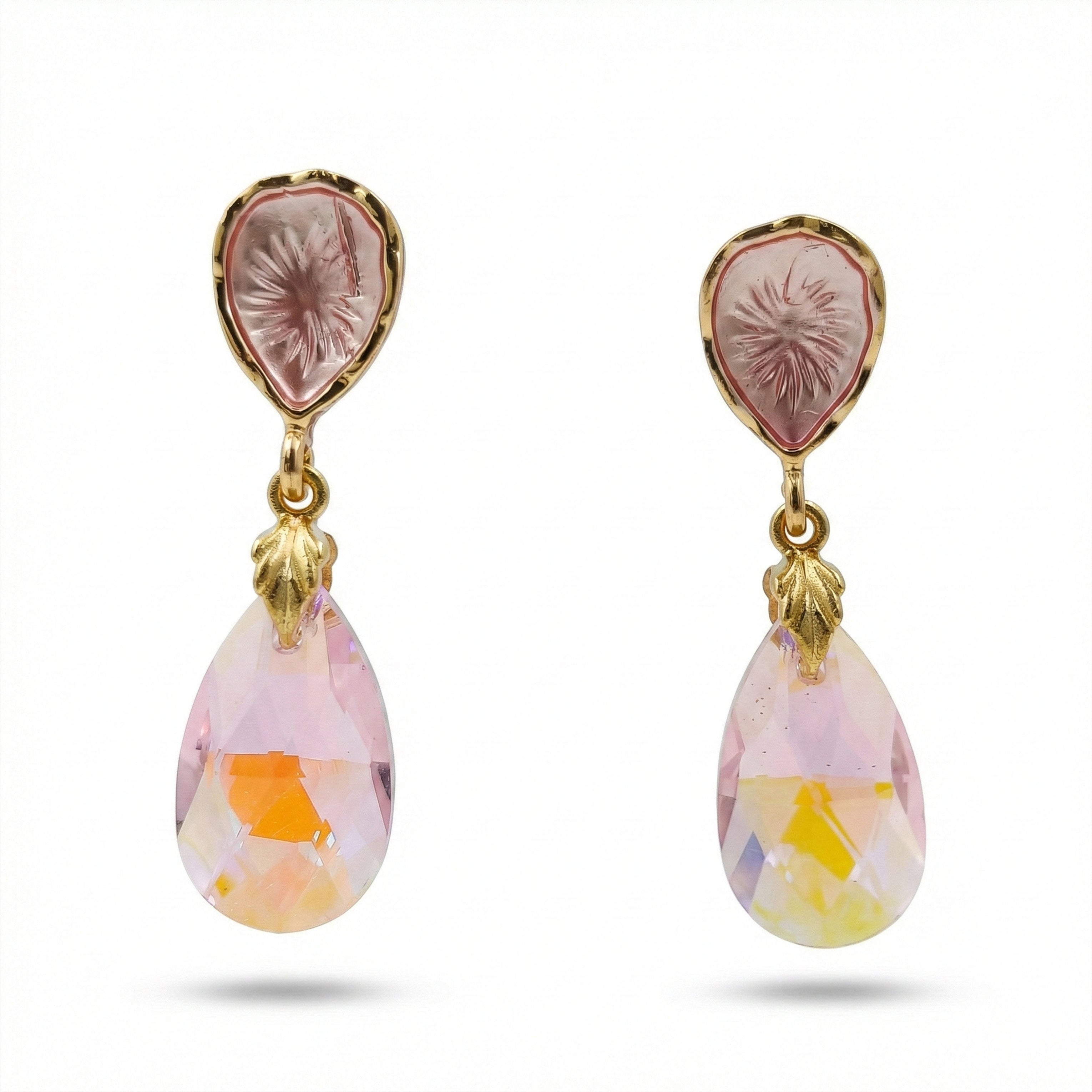 Gold Pink Crystal Drop Stud Earrings for women - Finora Jewels