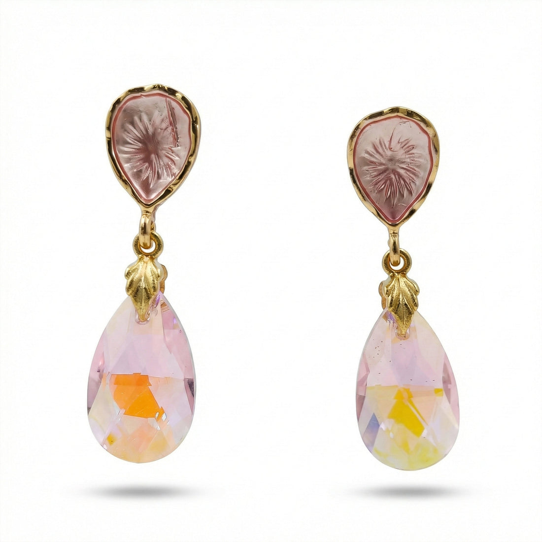 Gold Pink Crystal Drop Stud Earrings for women - Finora Jewels