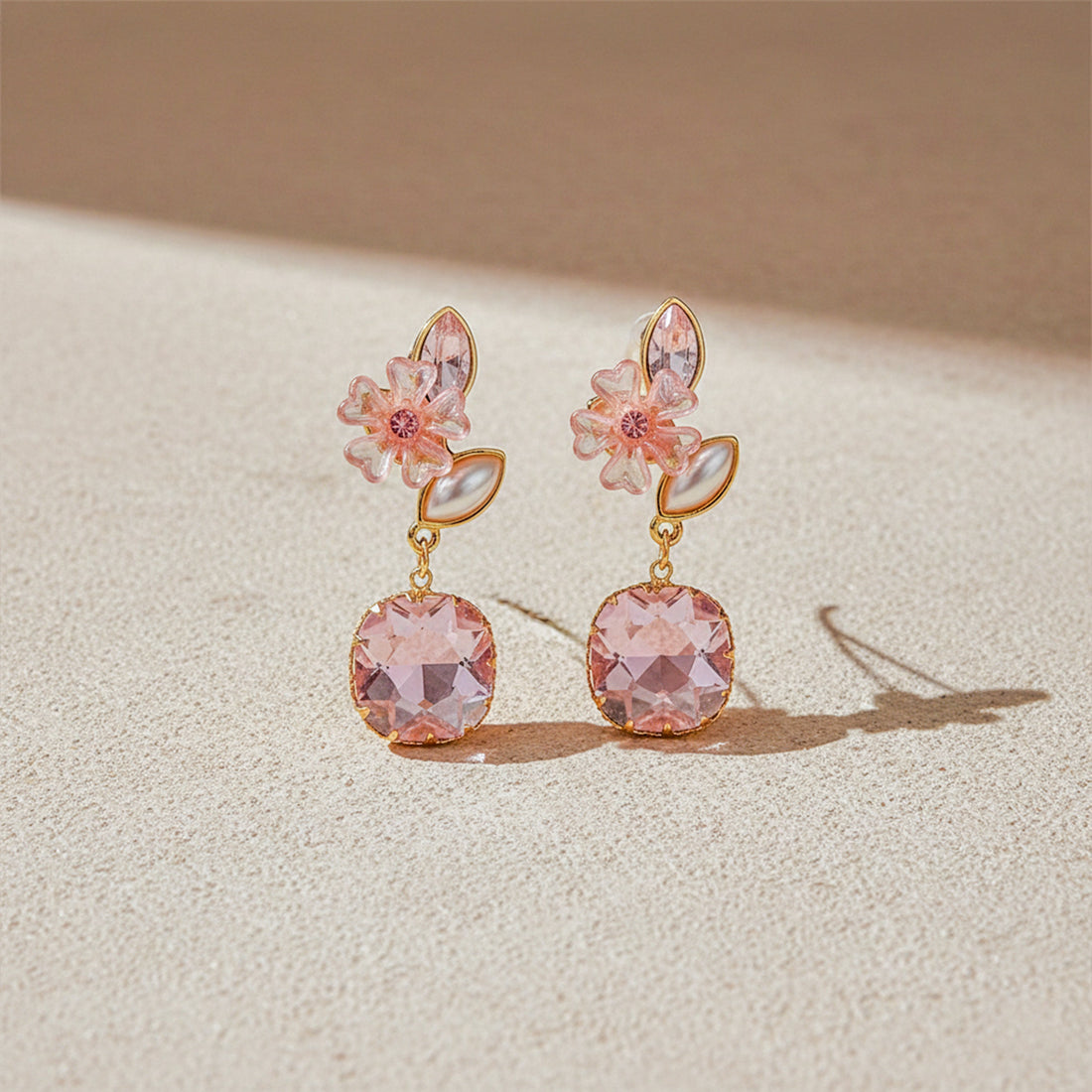 Blush Floral Crystal Drop Earrings for women in Gold - Finora Jewels