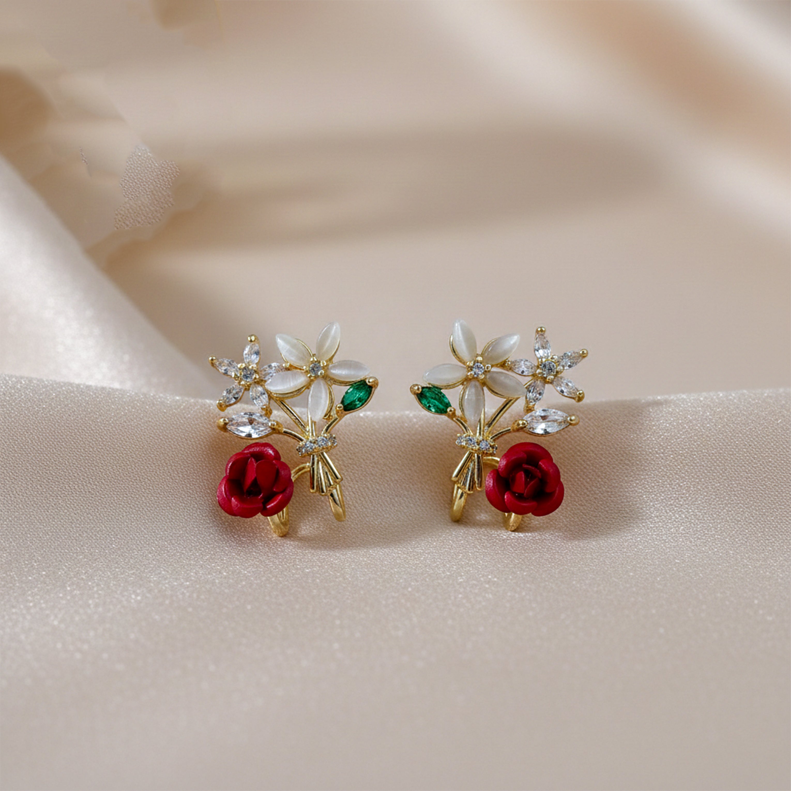 Women Stud Earrings Floral Bouquet Crystal Stud Gold jewellery - Finora Jewels