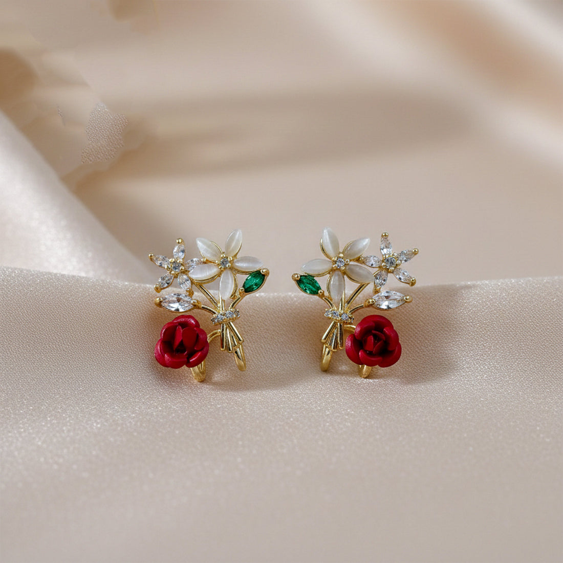 Women Stud Earrings Floral Bouquet Crystal Stud Gold jewellery - Finora Jewels