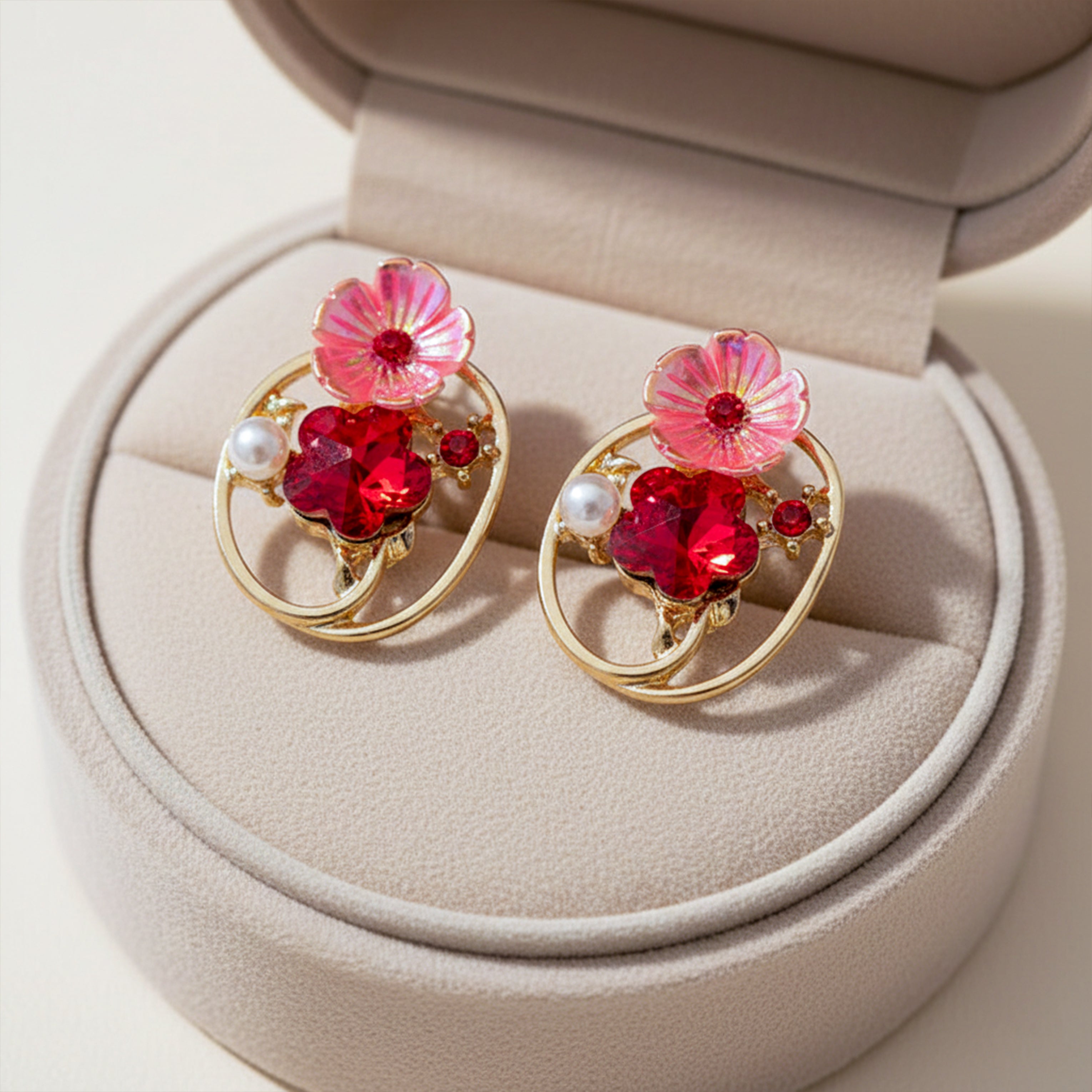 Gold Red Floral Crystal Stud Earrings for women - Finora Jewels