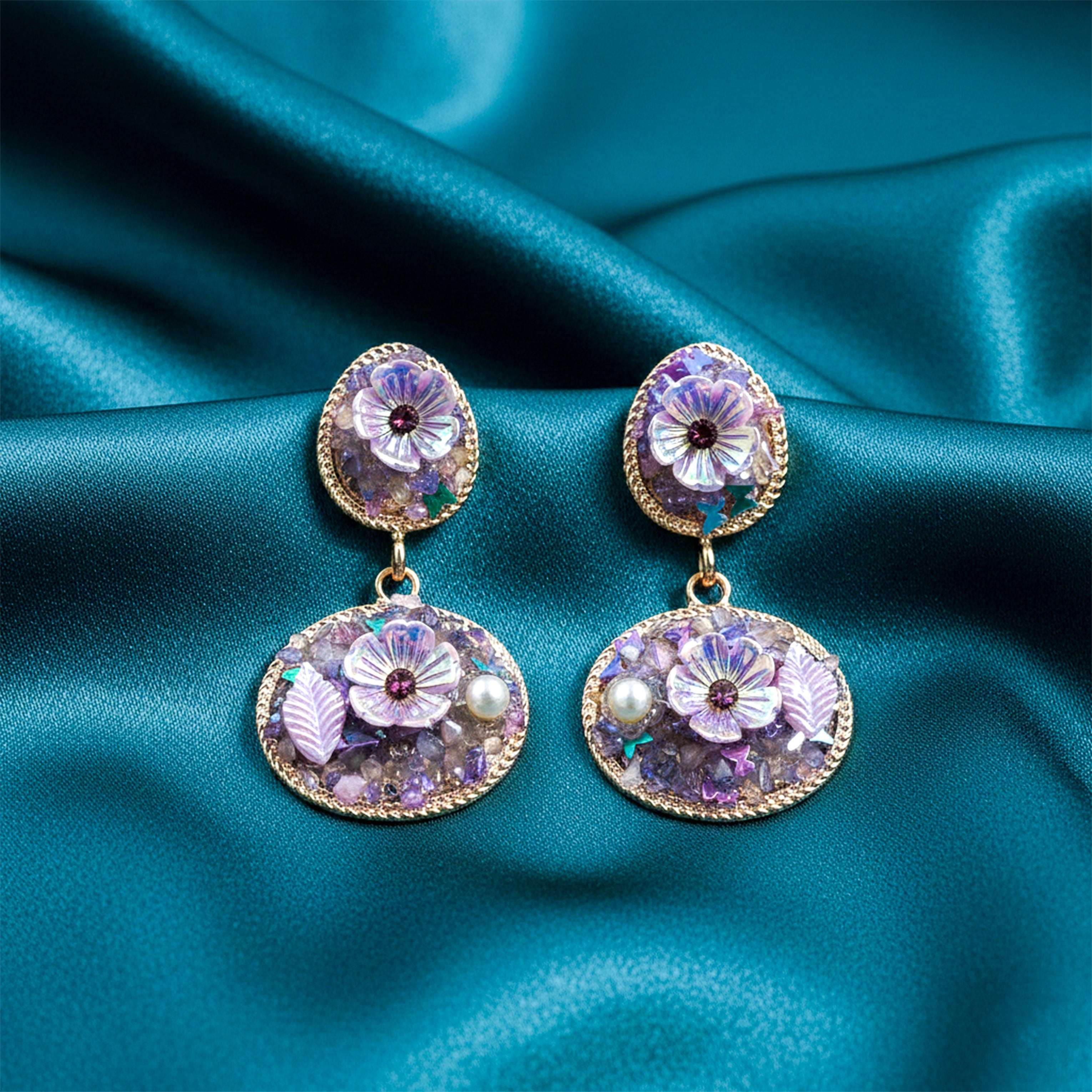 Women Stud Earrings Lavender Floral Stone Drop Gold jewellery - Finora Jewels