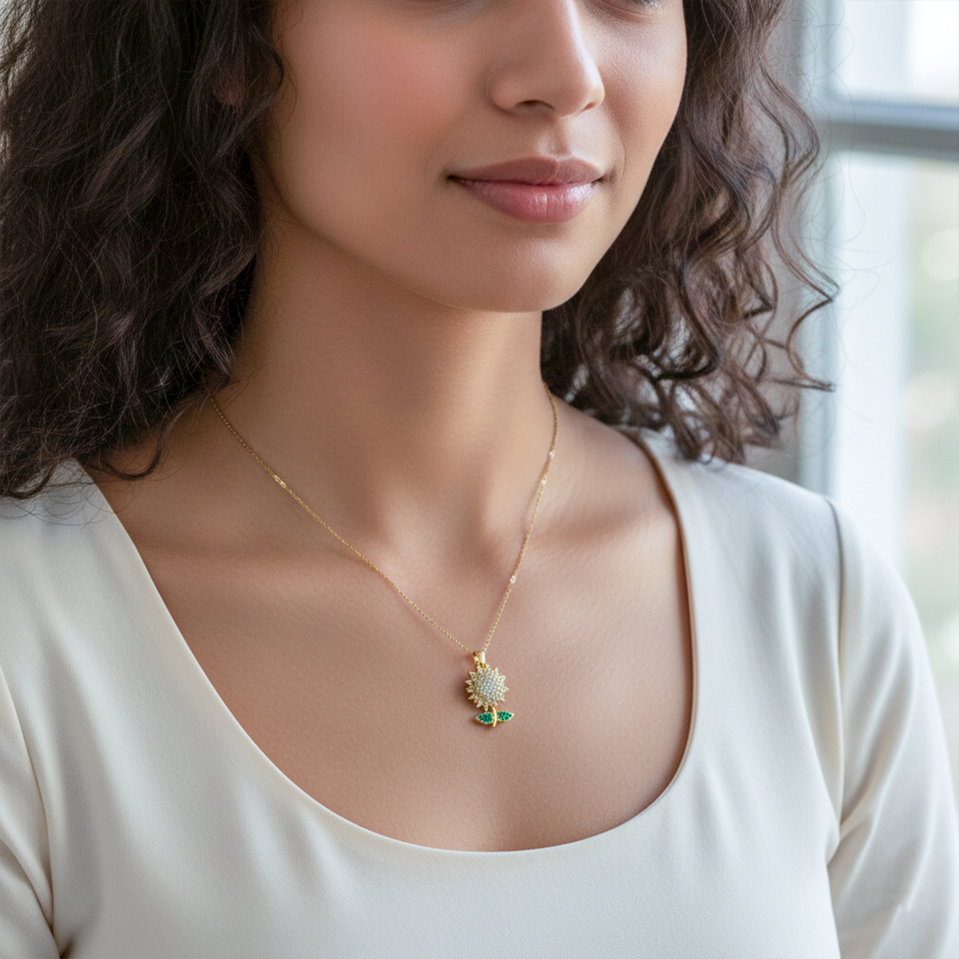 Women Necklace Olden Bloom Floral with Green Leaf Accents Gold jewellery - Finora Jewels