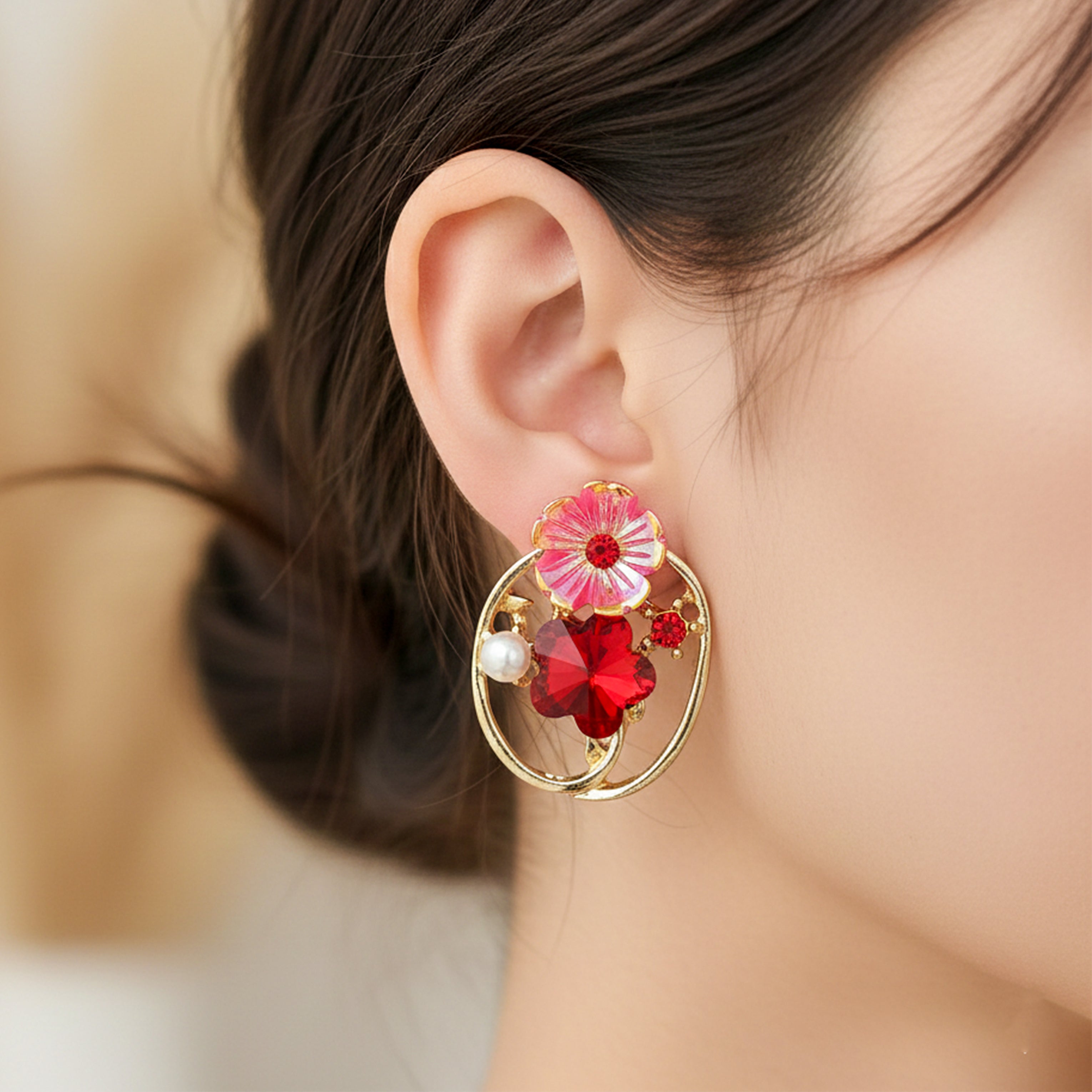 Gold Red Floral Crystal Stud Earrings for women - Finora Jewels