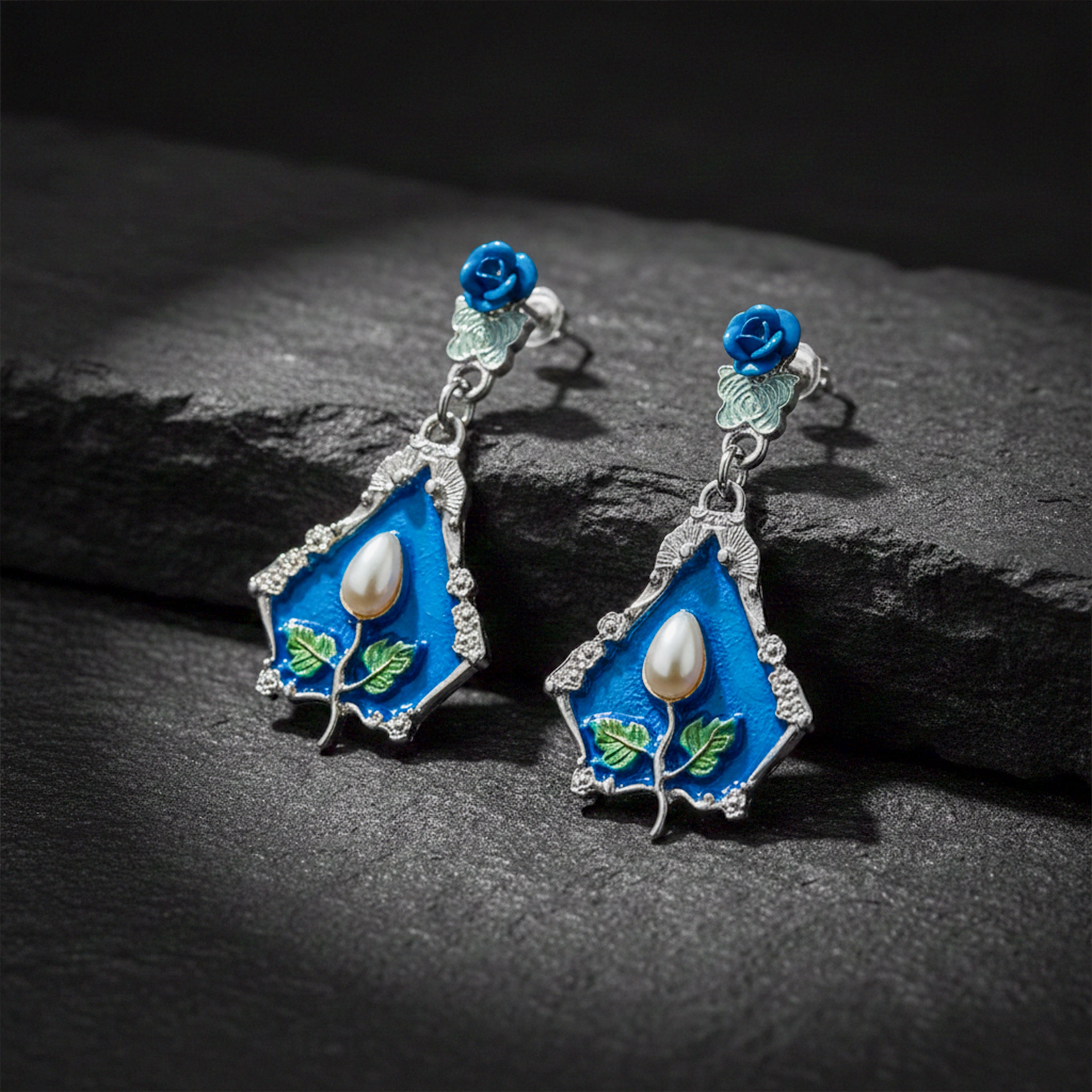 Women Drop Earrings Royal Blue Floral Gold jewellery - Finora Jewels