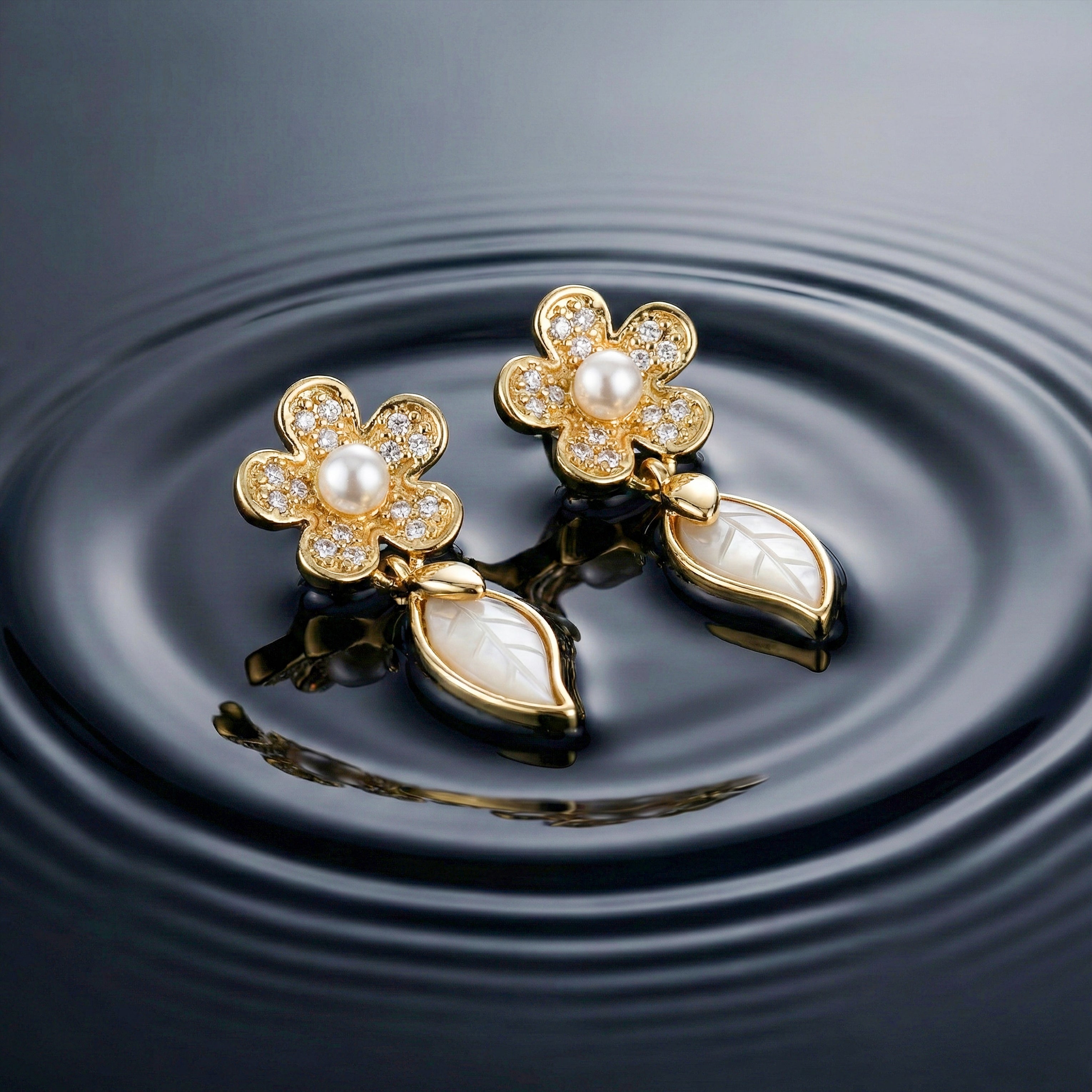 Women Stud Earrings Pearl Leaf Gold jewellery - Finora Jewels