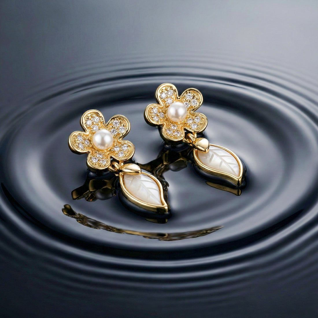Women Stud Earrings Pearl Leaf Gold jewellery - Finora Jewels