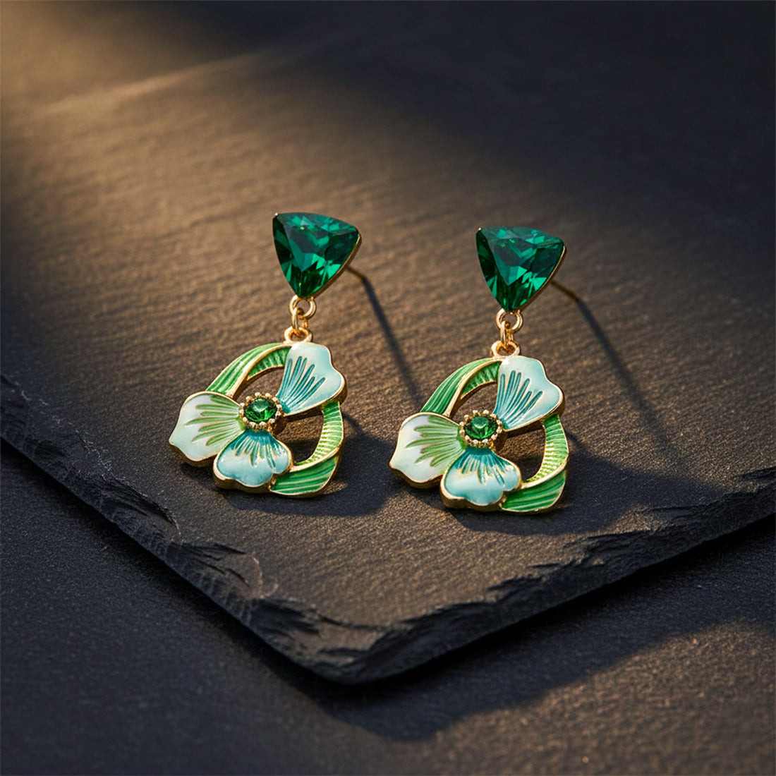 Emerald Floral Drop Stud Earrings for women in Gold - Finora Jewels