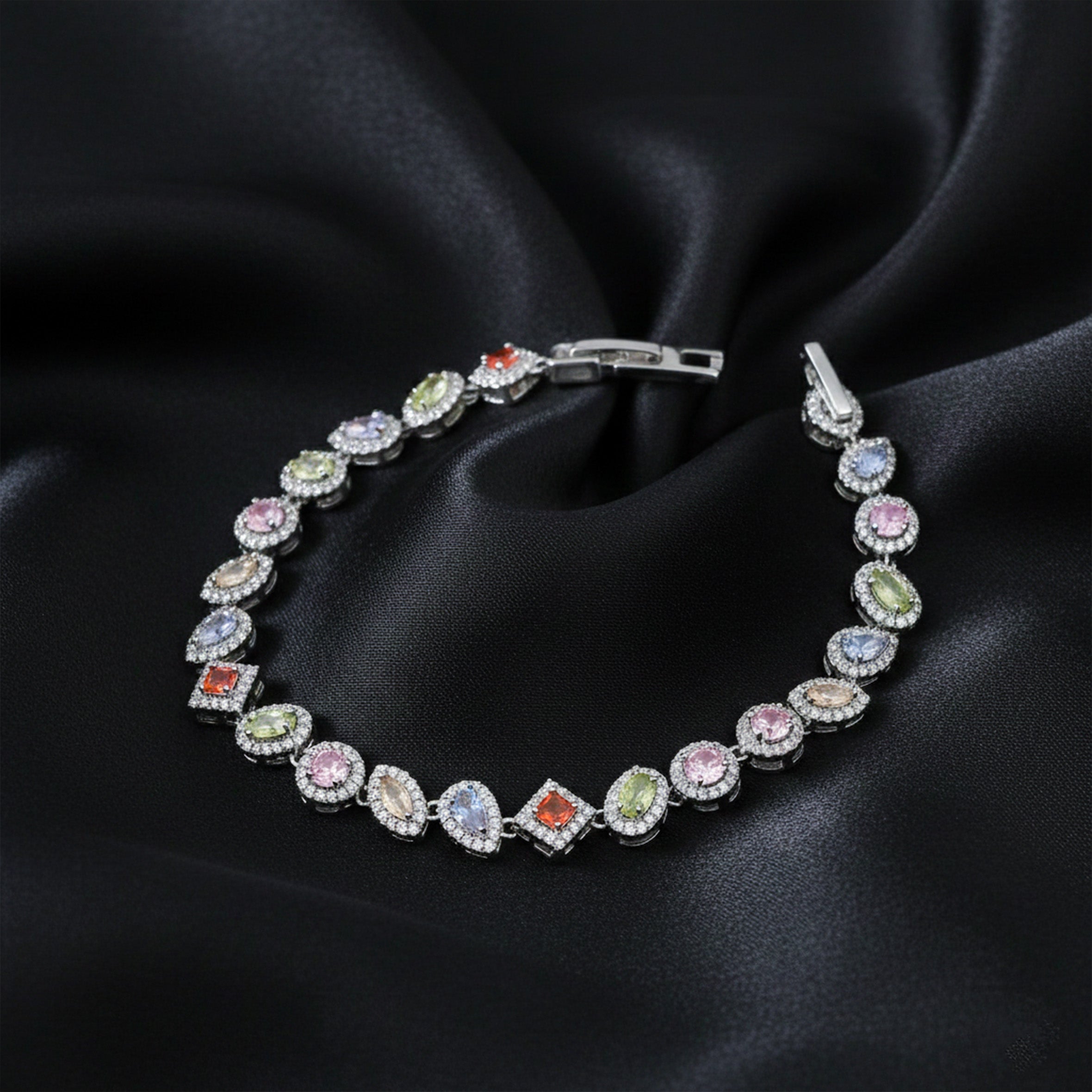 Silver Pastel Multicolor Halo Tennis Bracelet for women - Finora Jewels