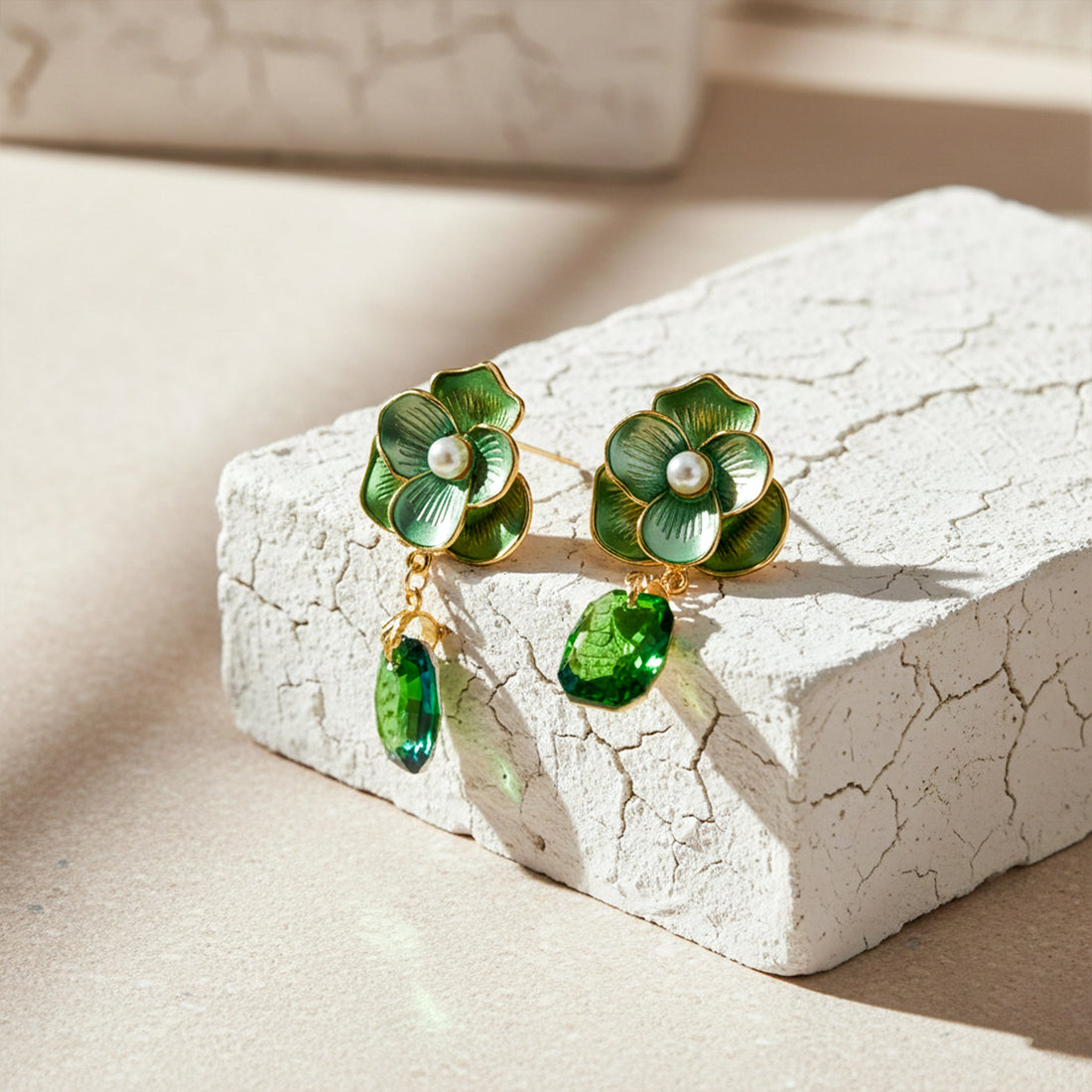 Women Drop Earrings Green Floral GWE -231 No Reviews Gold jewellery - Finora Jewels