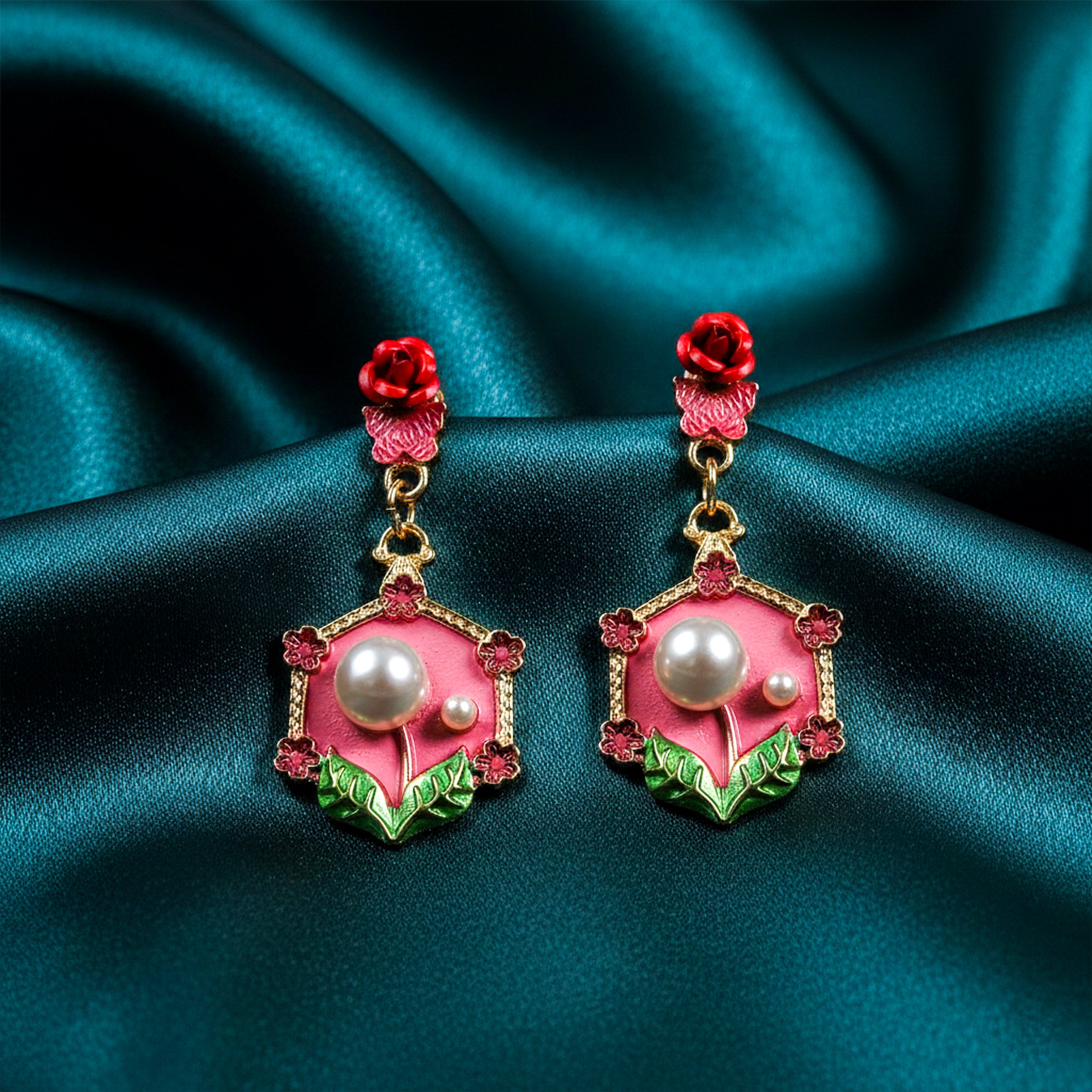 Women Stud Earrings Red Floral Pearl Gold jewellery - Finora Jewels