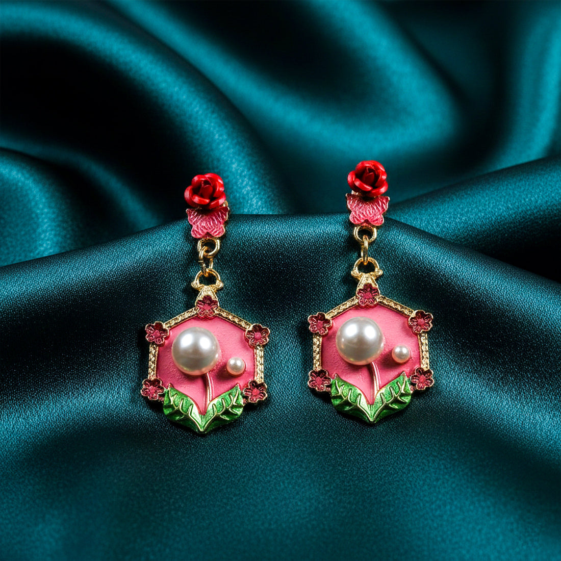 Women Stud Earrings Red Floral Pearl Gold jewellery - Finora Jewels