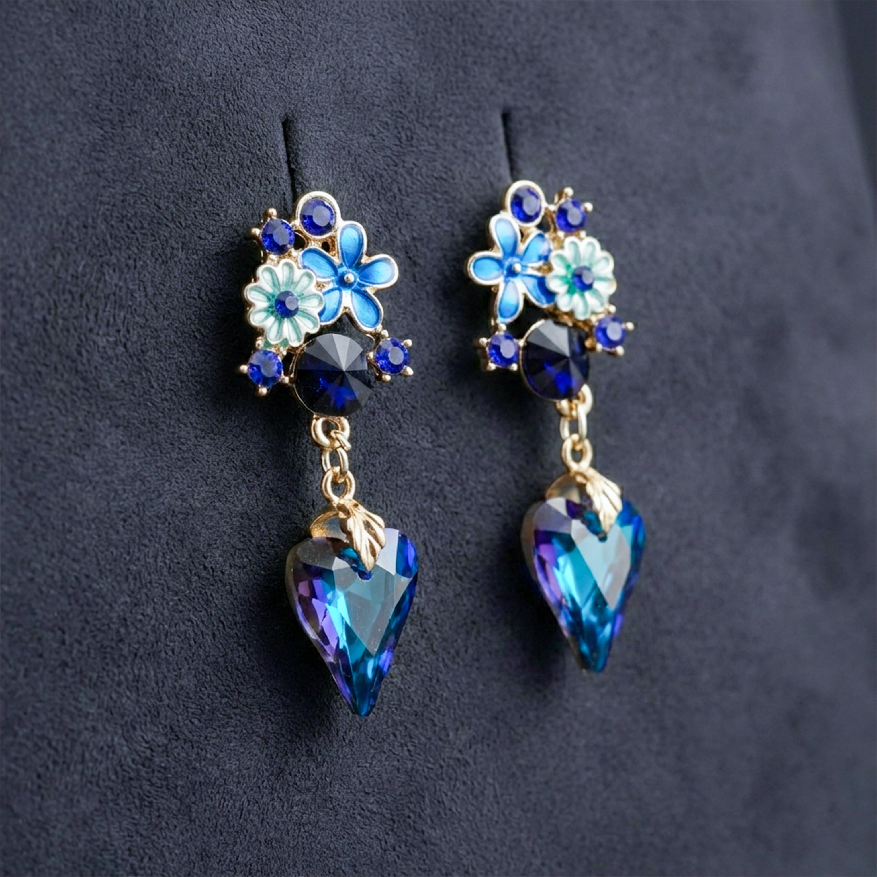 Gold Blue Floral Heart Drop Stud Earrings for women - Finora Jewels