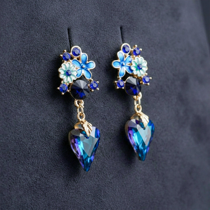 Blue Floral Heart Drop Earrings