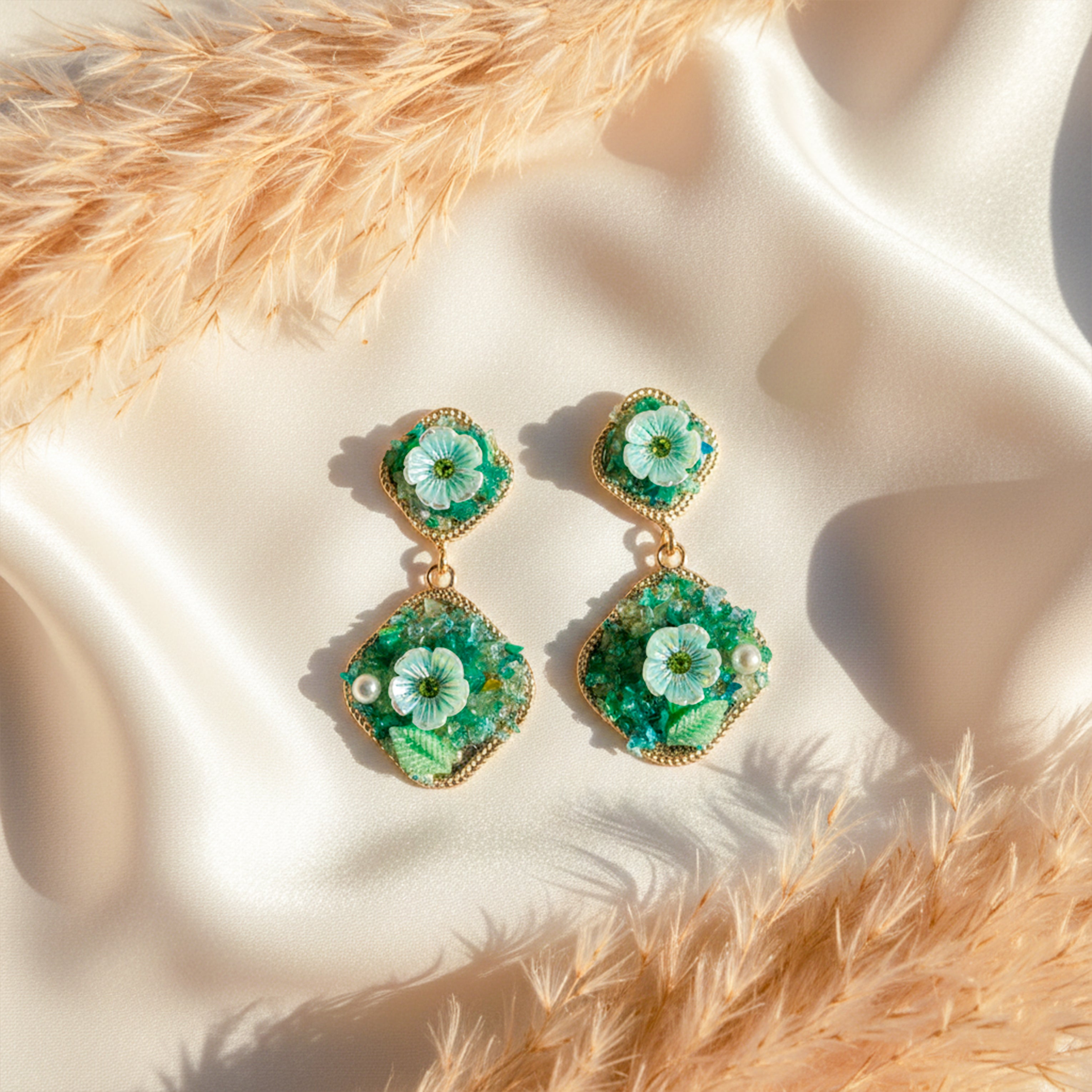 Verde Bloom Twin Dangle Ear Studs GWE -240