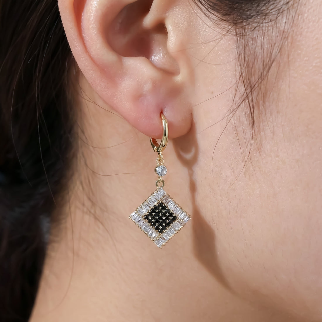 Women Drop Earrings Black & White Crystal Square Drop Gold jewellery - Finora Jewels
