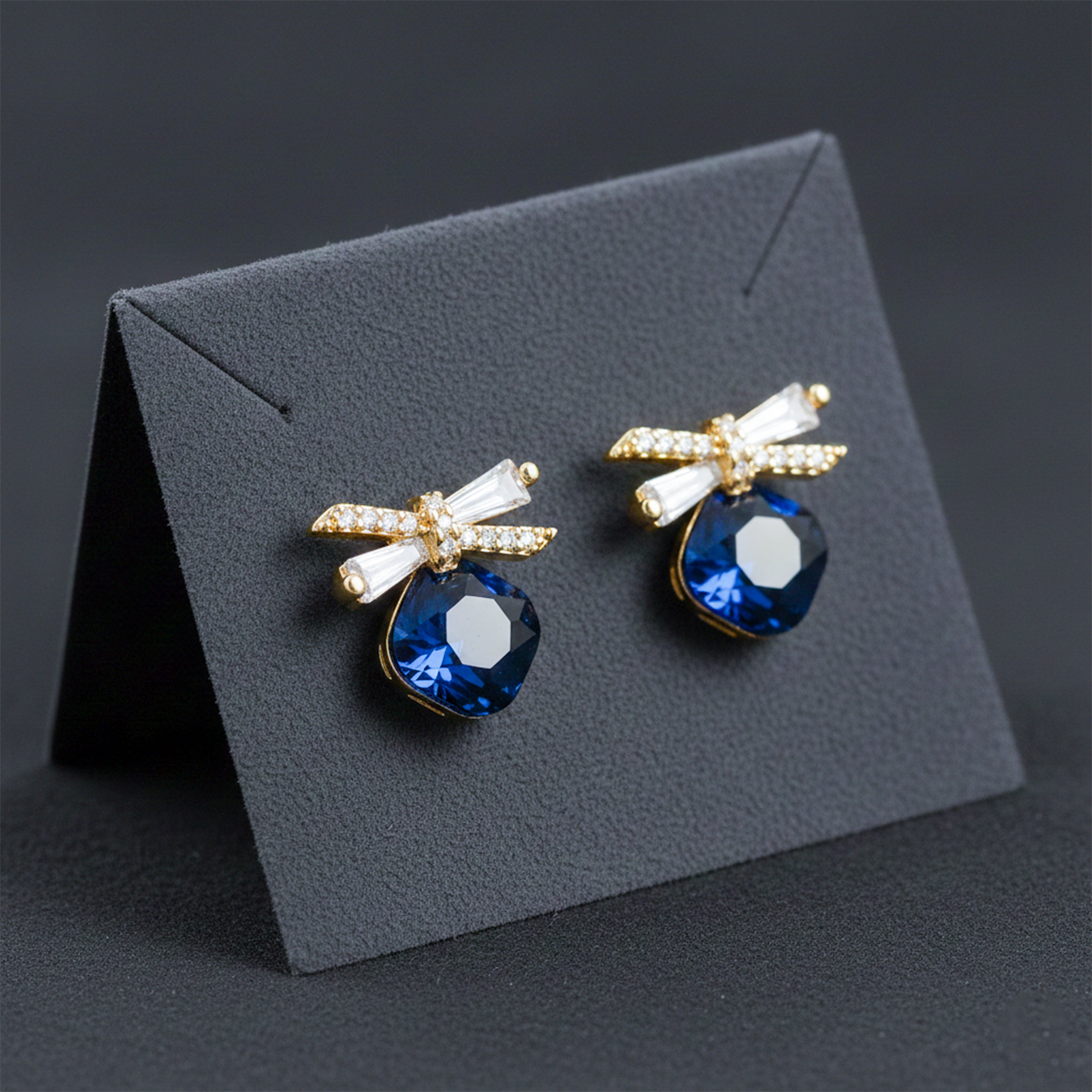 Gold Royal Blue Crystal Bow Stud Stud Earrings for women - Finora Jewels