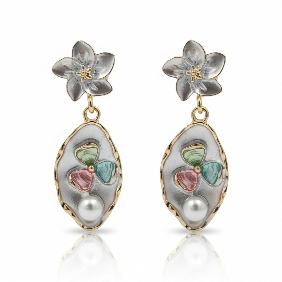 Silver Floral Pearl Stud Earrings for women - Finora Jewels