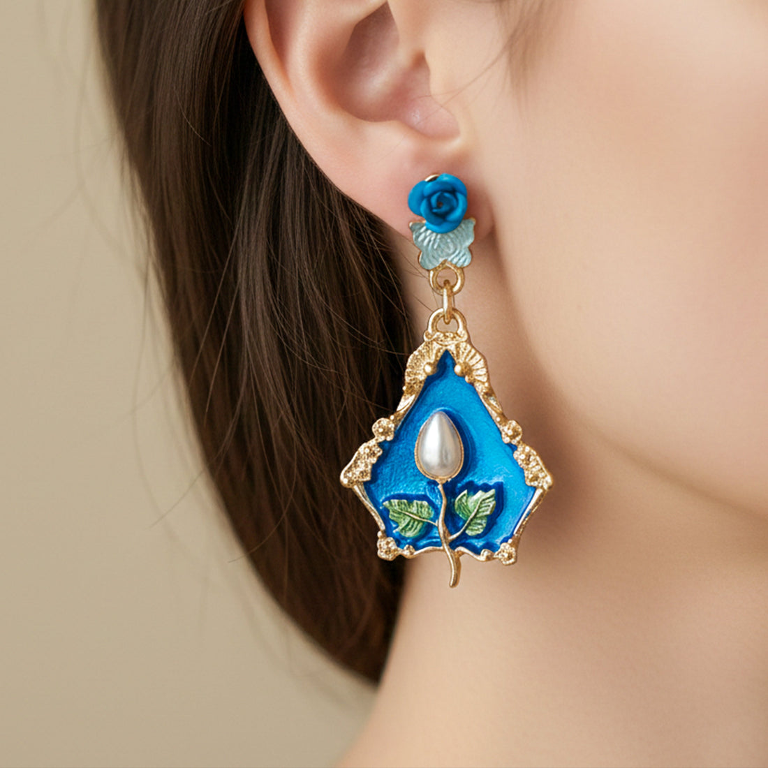 Women Drop Earrings Royal Blue Floral Gold jewellery - Finora Jewels