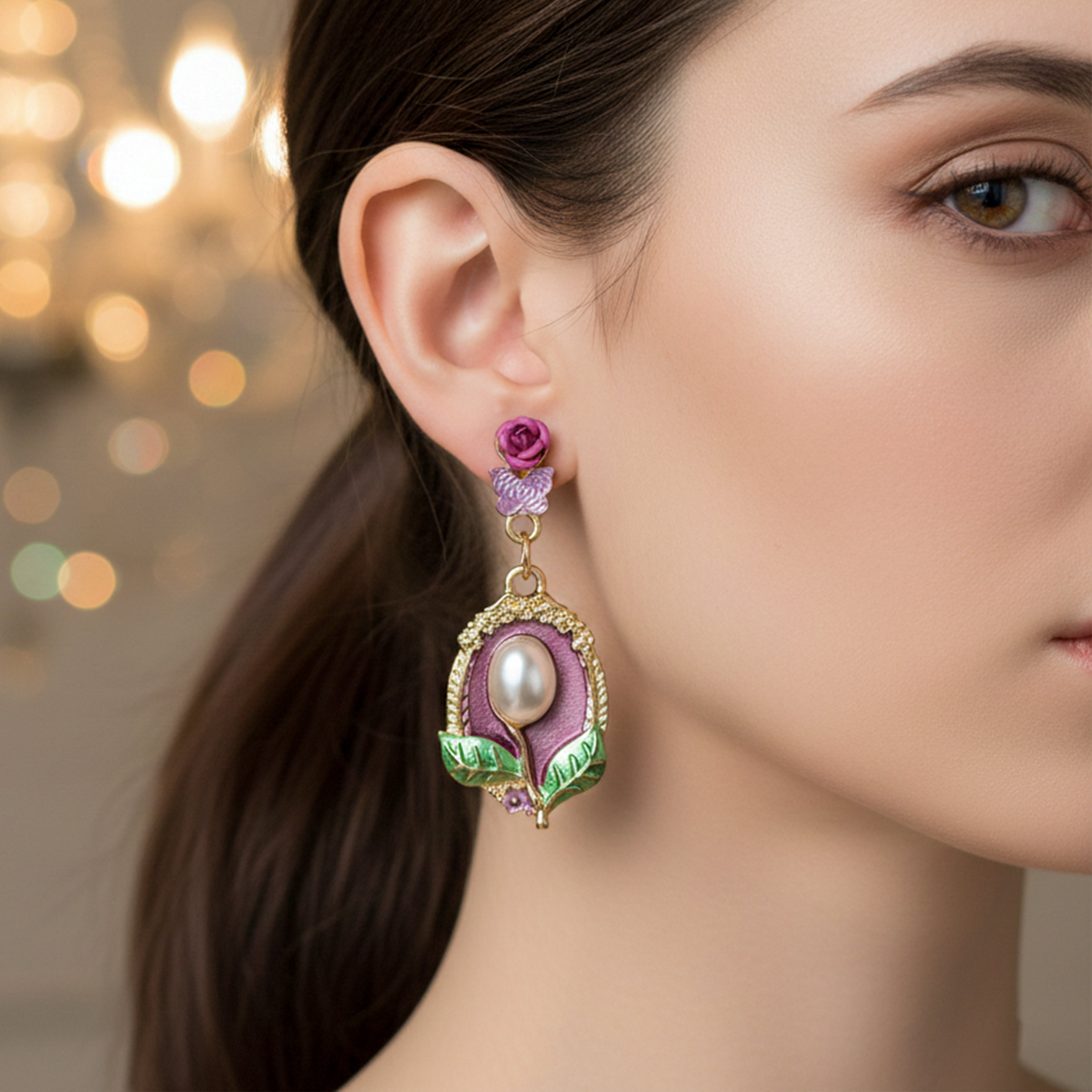 Timeless Rosette Moti Dangle Ear Studs GWE -225