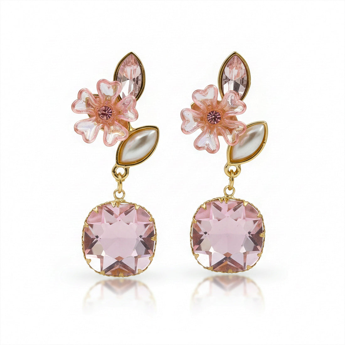 Blush Floral Crystal Drop Earrings for women in Gold - Finora Jewels