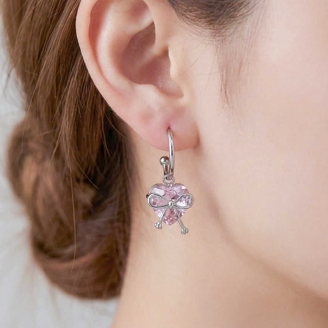 Women Hoop Earrings Pink Heart Bow Hoop Silver jewellery - Finora Jewels