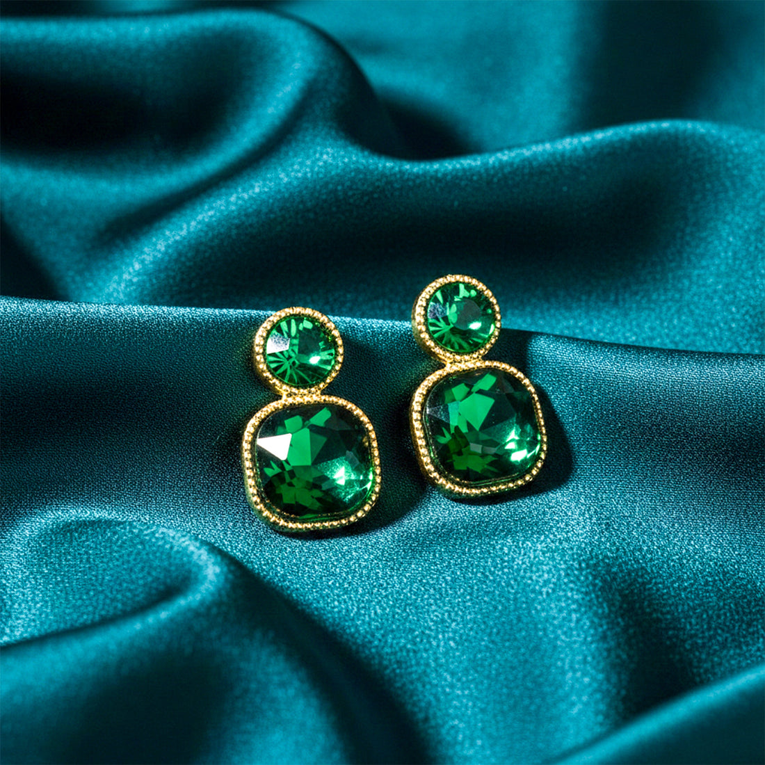 Gold Emerald Square Stud Earrings for women - Finora Jewels