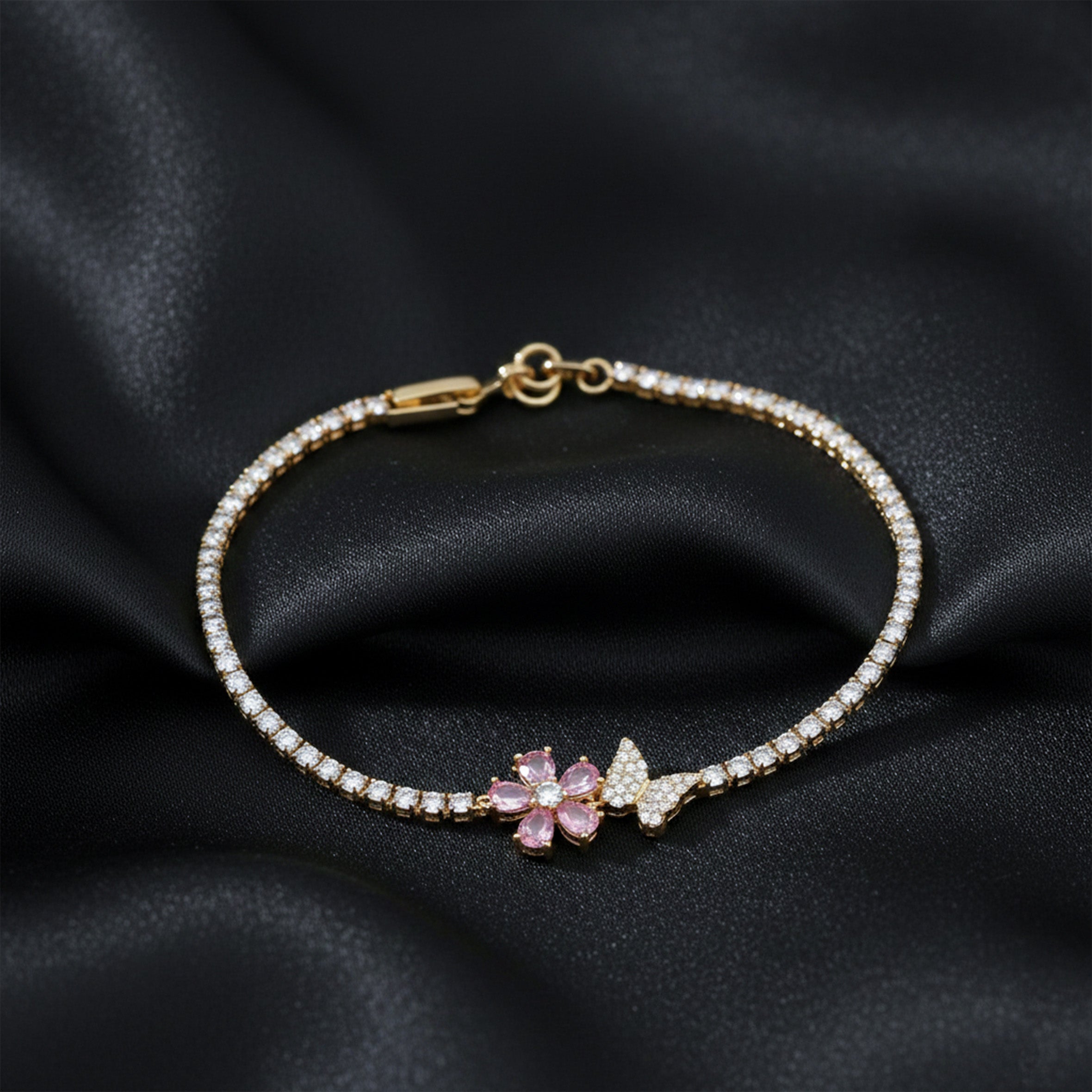 Gold Pink Blossom Butterfly Tennis Bracelet for women - Finora Jewels