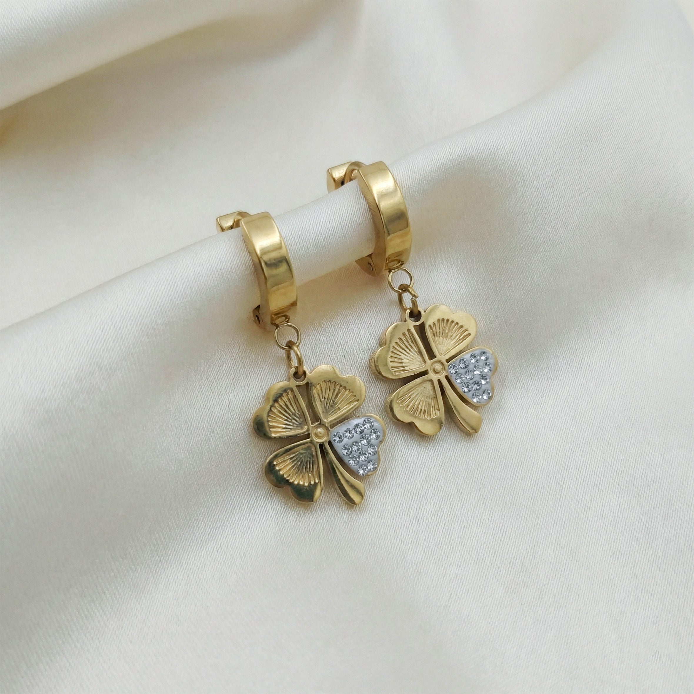Gold Clover Drop Hoop Earrings for women - Finora Jewels