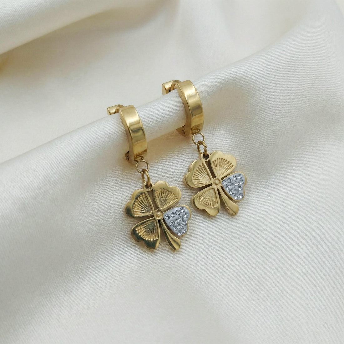 Gold Clover Drop Hoop Earrings for women - Finora Jewels
