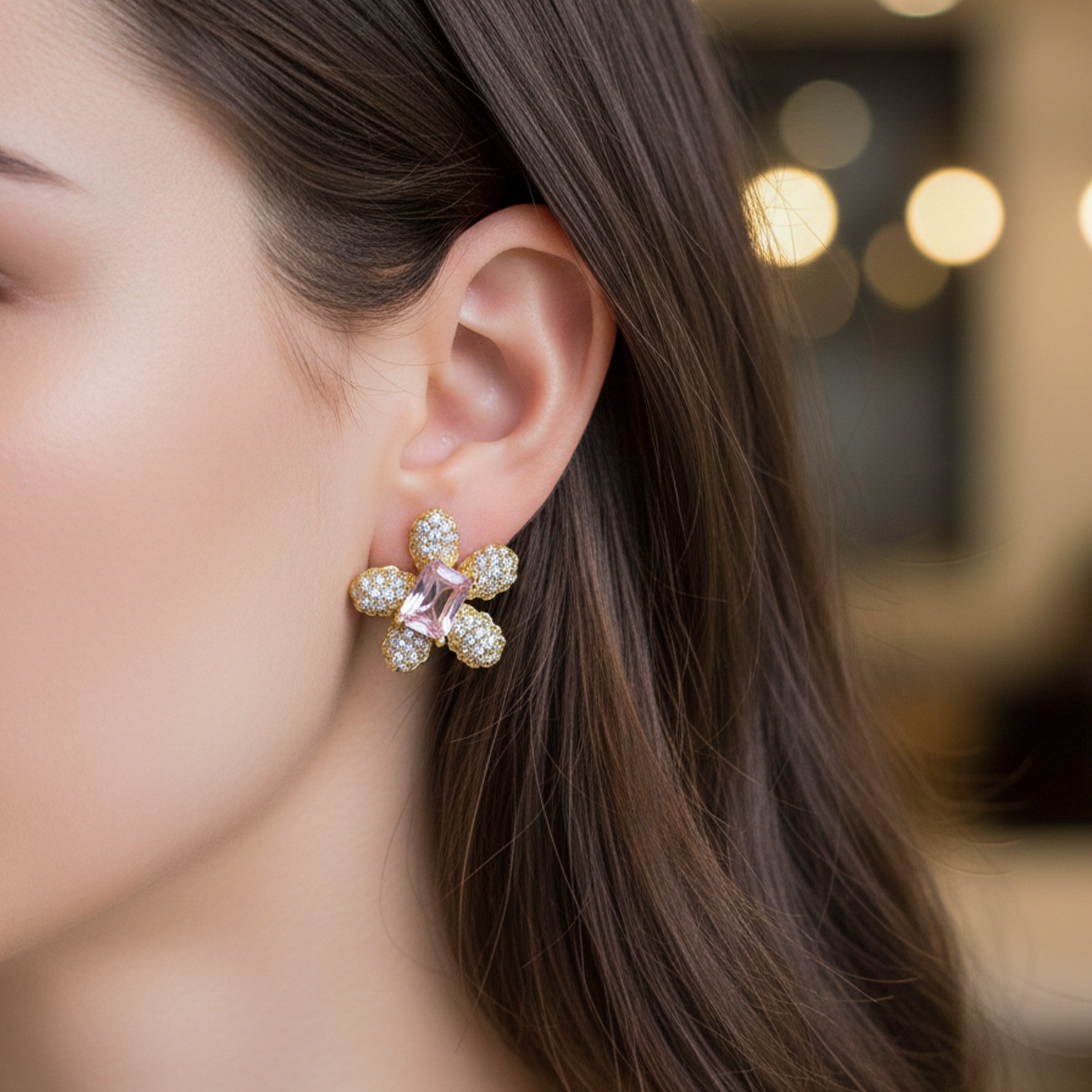 Floral Pink Crystal Stud Stud Earrings for women in Gold - Finora Jewels