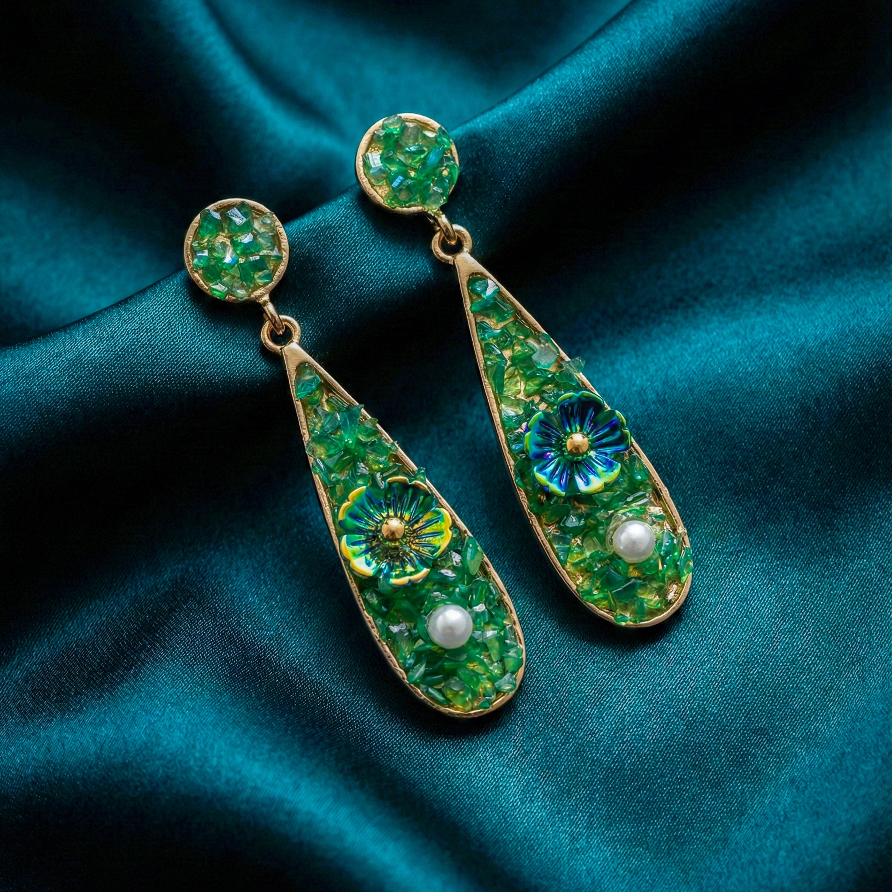 Women Drop Earrings Green Stone Floral Gold jewellery - Finora Jewels