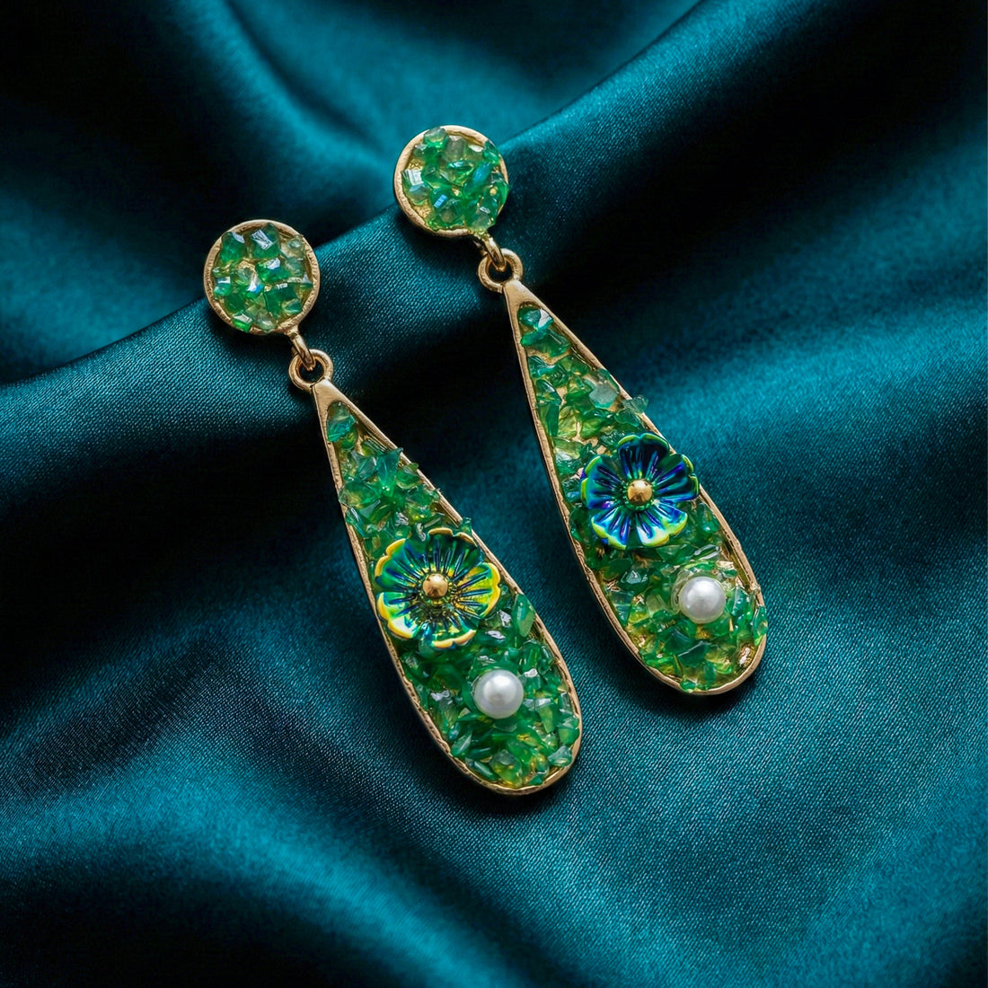 Women Drop Earrings Green Stone Floral Gold jewellery - Finora Jewels