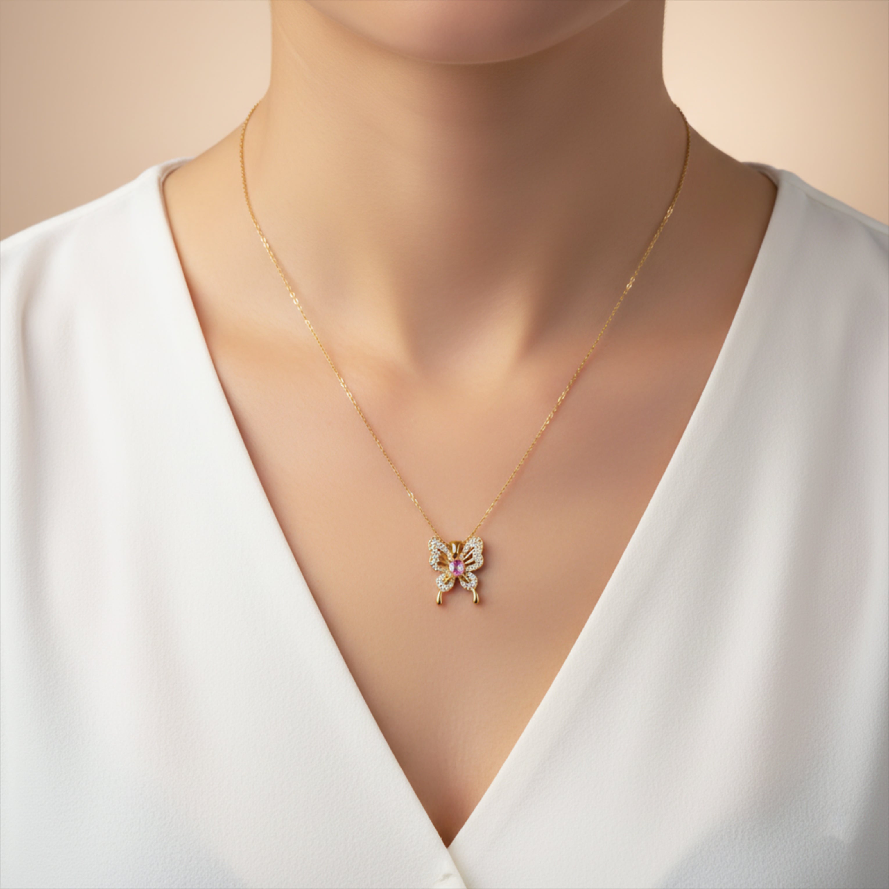 Gold Pink Butterfly Necklace for women - Finora Jewels