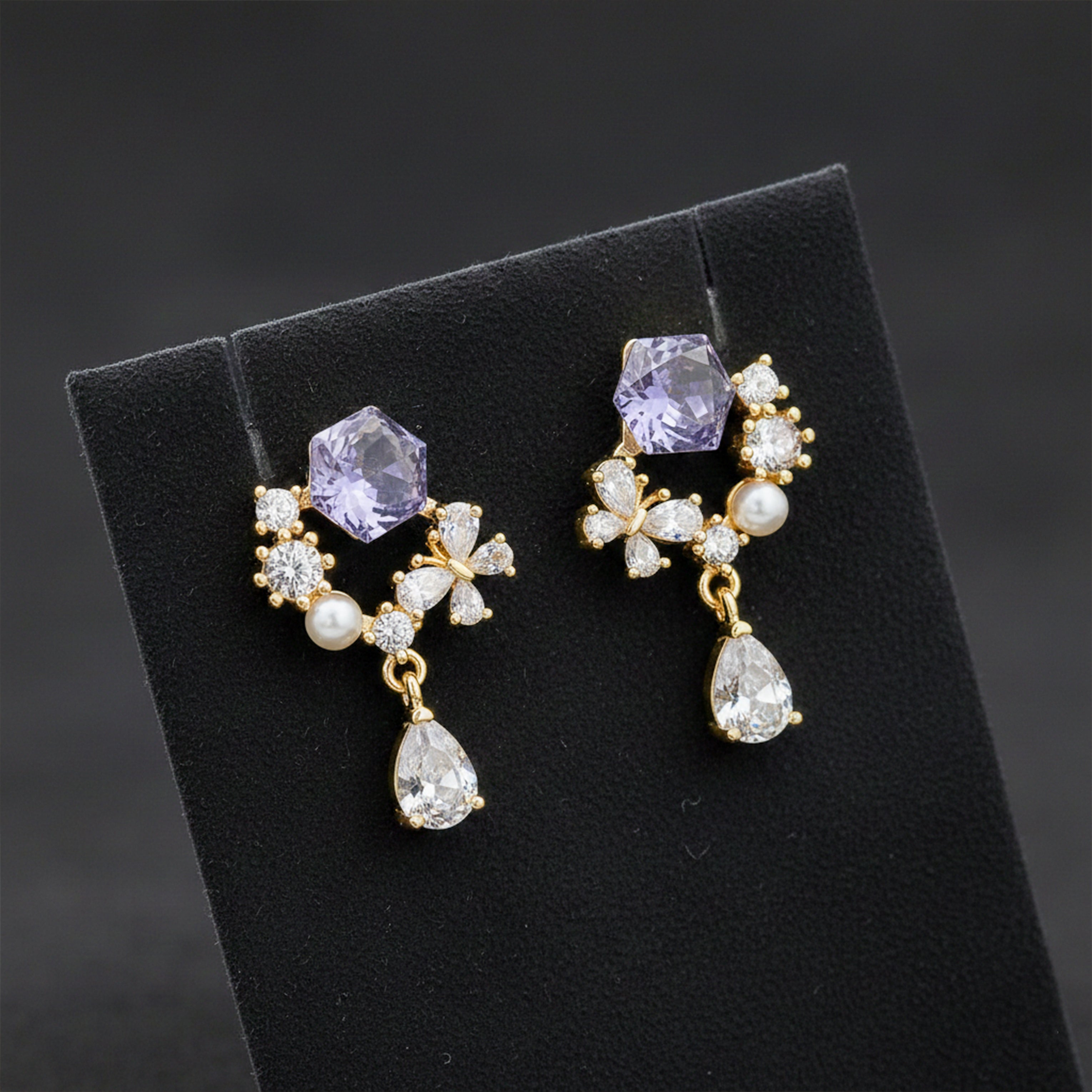 Assorted-Stone Bloom Gold Dangle Ear Studs GWE -168