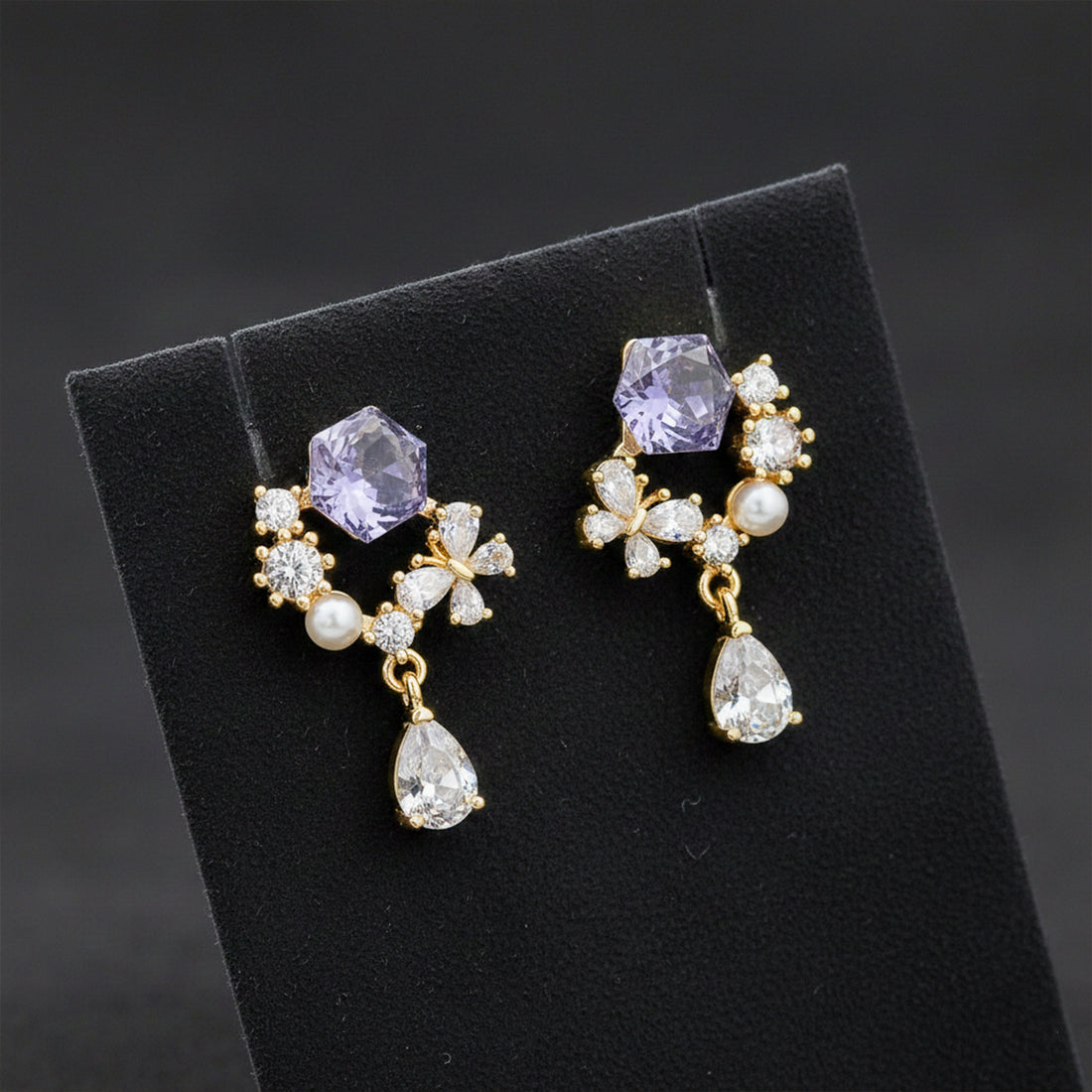 Assorted-Stone Bloom Gold Dangle Ear Studs GWE -168
