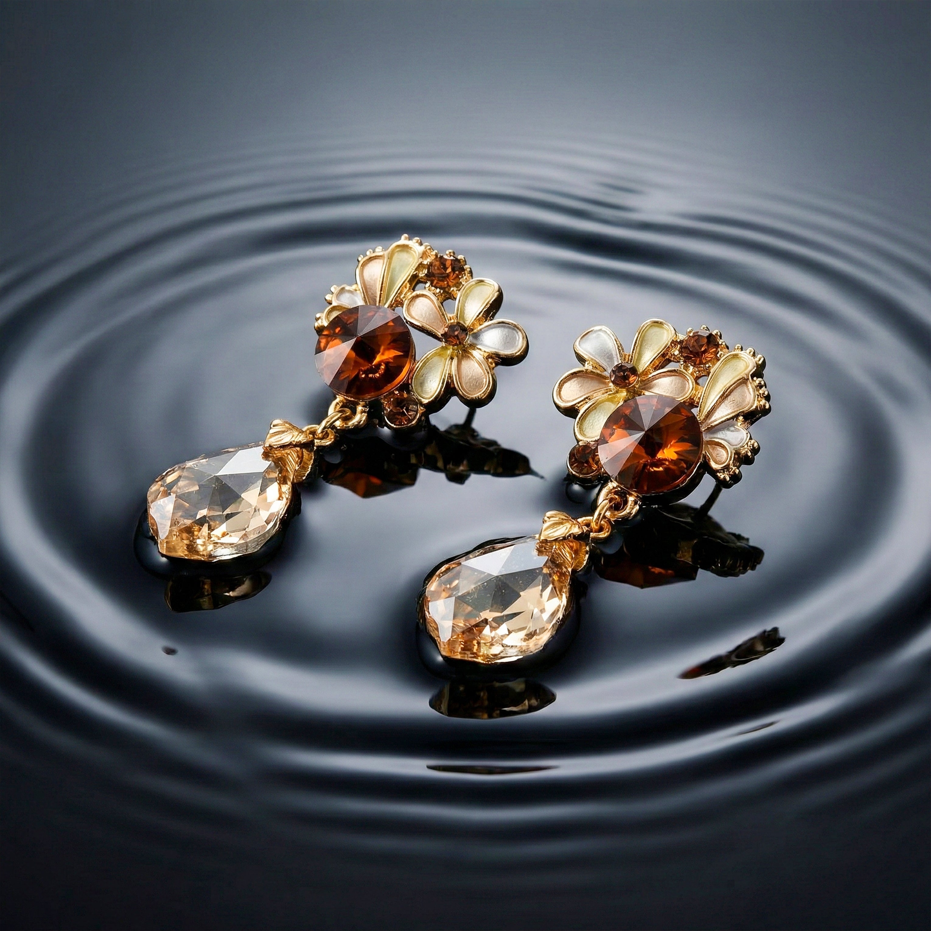 Brown Crystal Floral Drop Stud Earrings for women in Gold - Finora Jewels