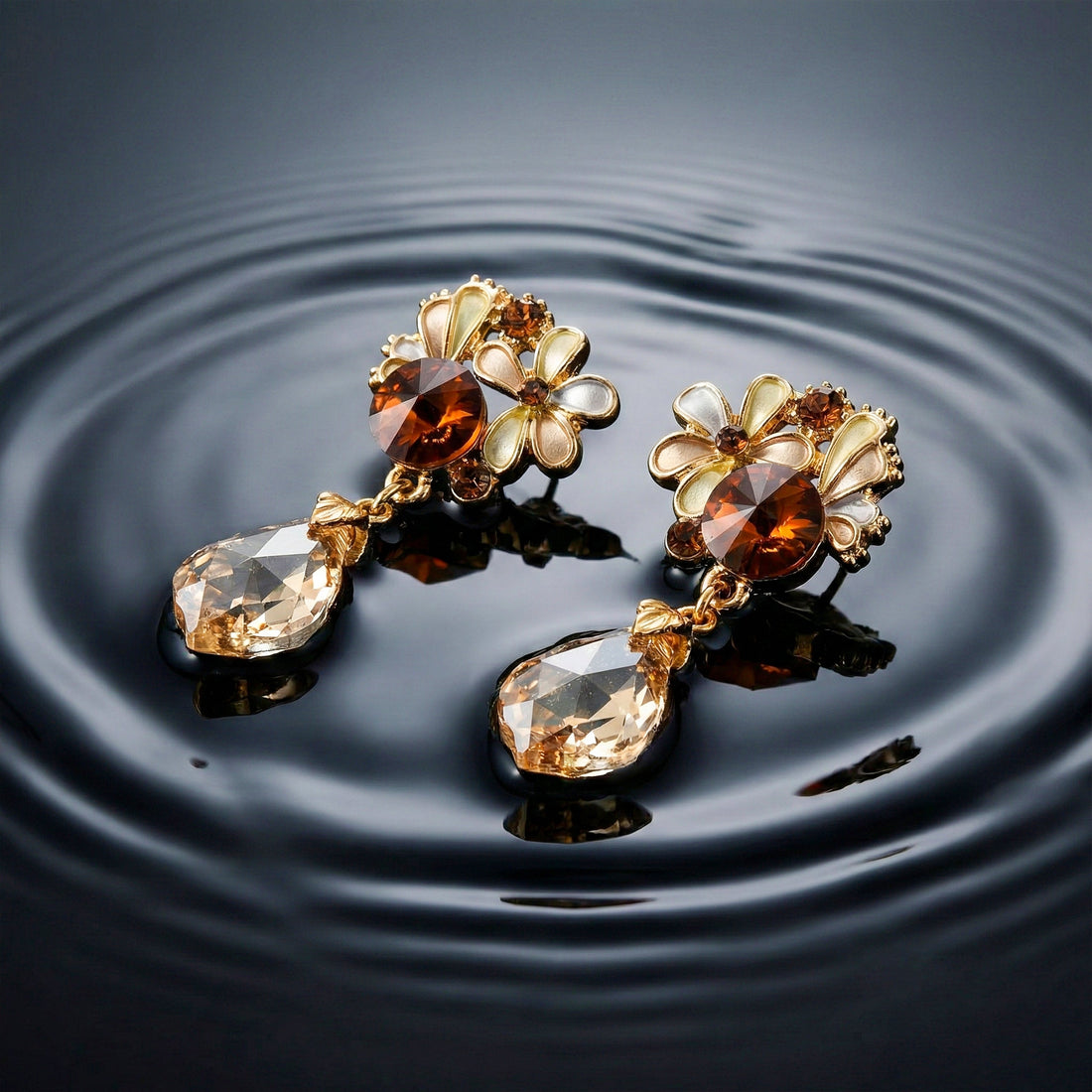 Brown Crystal Floral Drop Stud Earrings for women in Gold - Finora Jewels