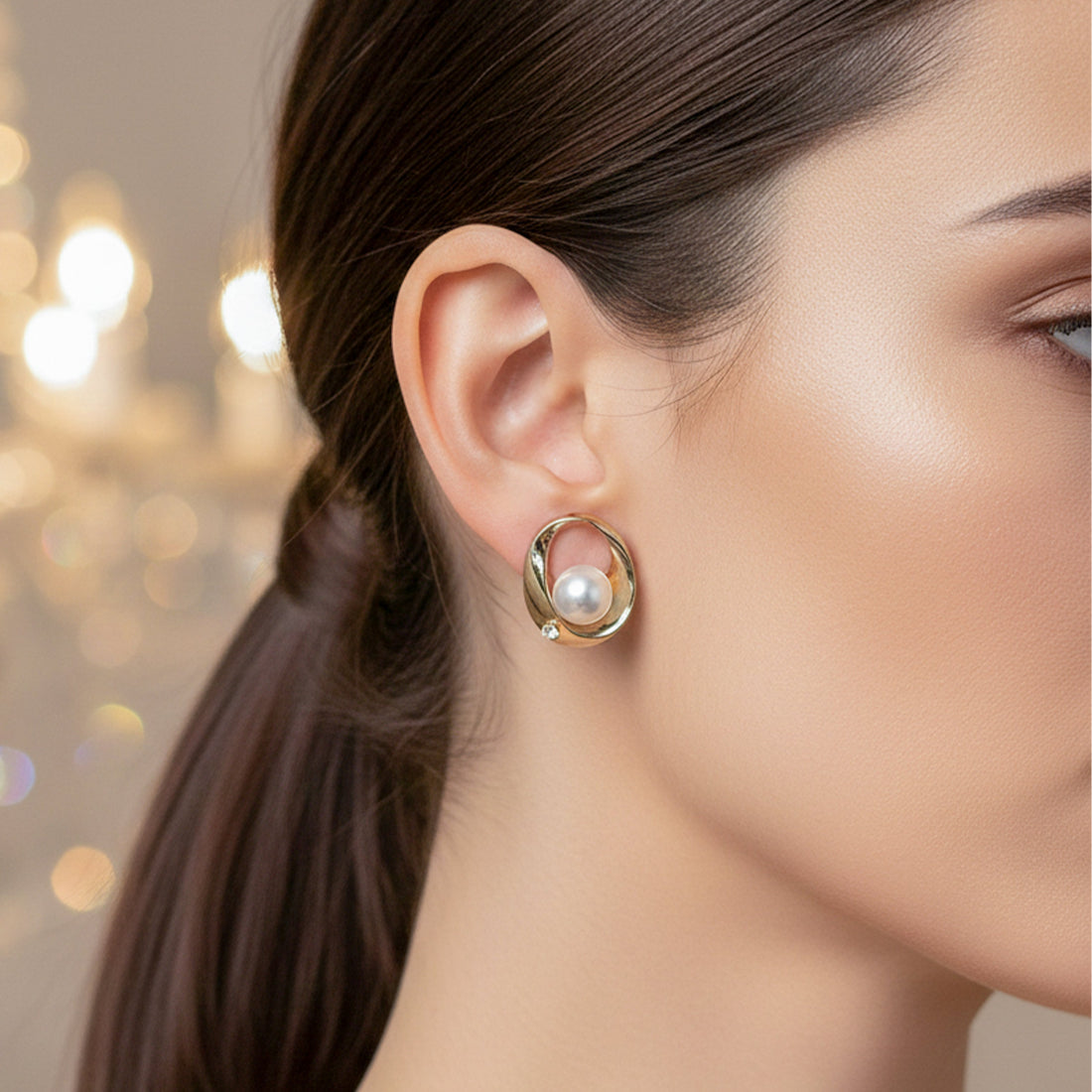 Luna Pearl Orbit Stud Earrings for women in Gold - Finora Jewels