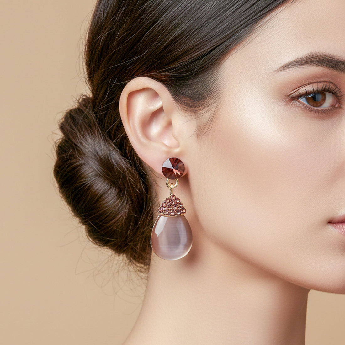 Gold Smoky Teardrop Crystal Stud Earrings for women - Finora Jewels