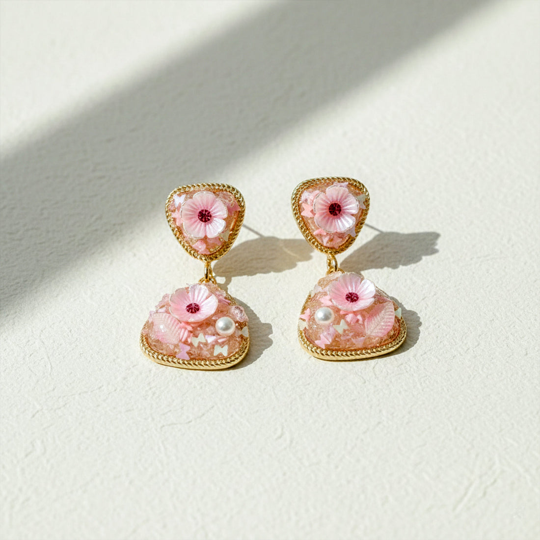 Pink Floral Stone Stud Earrings for women in Gold - Finora Jewels