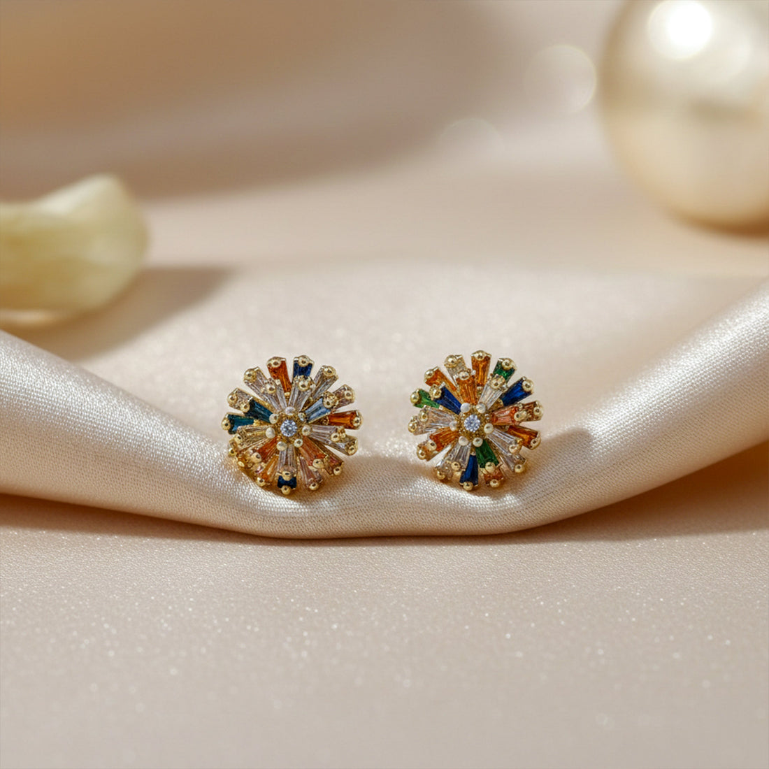 Gold Multicolor Crystal Floral Stud Stud Earrings for women - Finora Jewels
