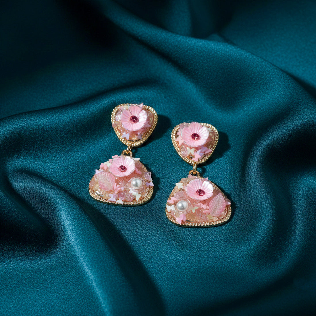 Pink Floral Stone Stud Earrings for women in Gold - Finora Jewels