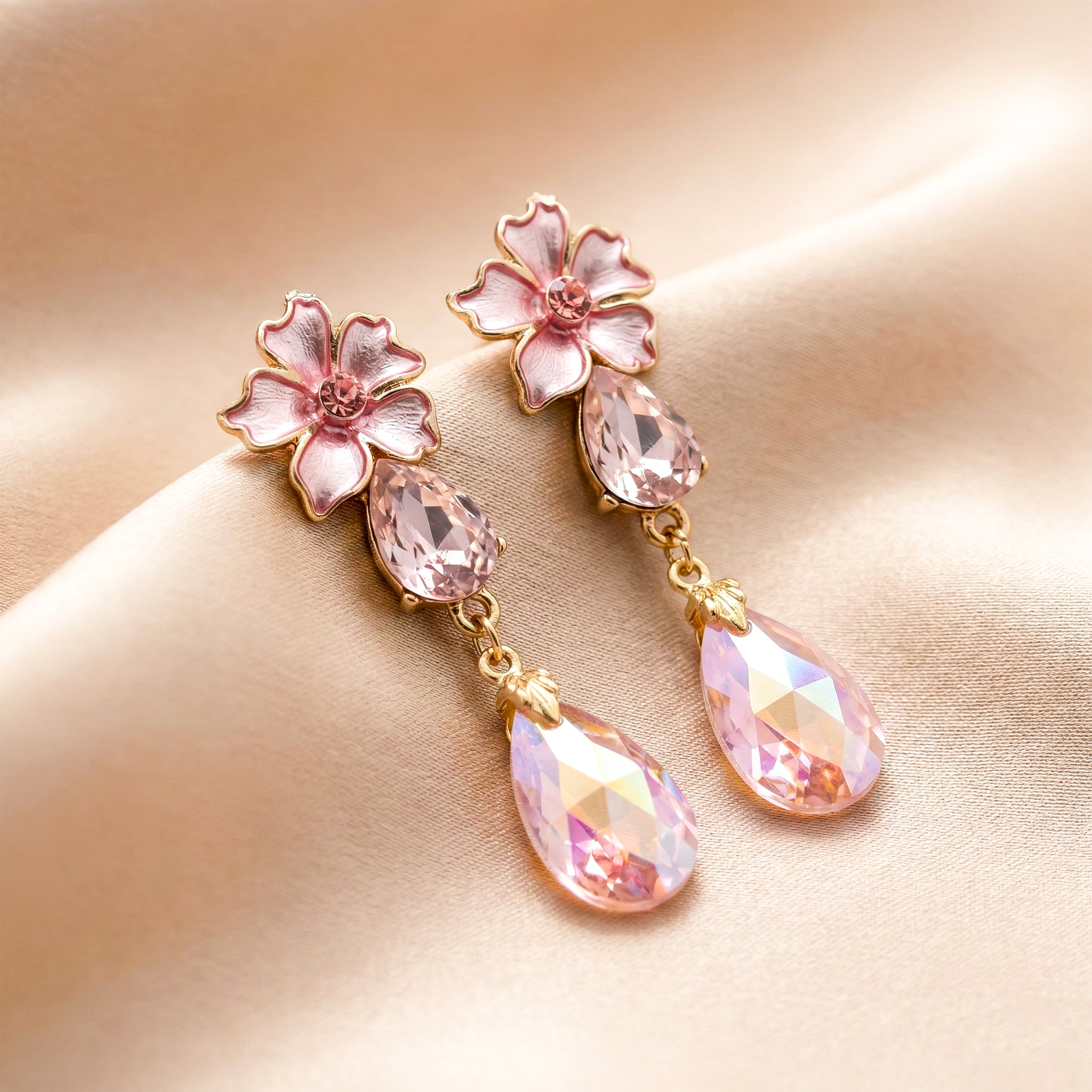 Gold Pink Floral Crystal Drop Stud Earrings for women - Finora Jewels