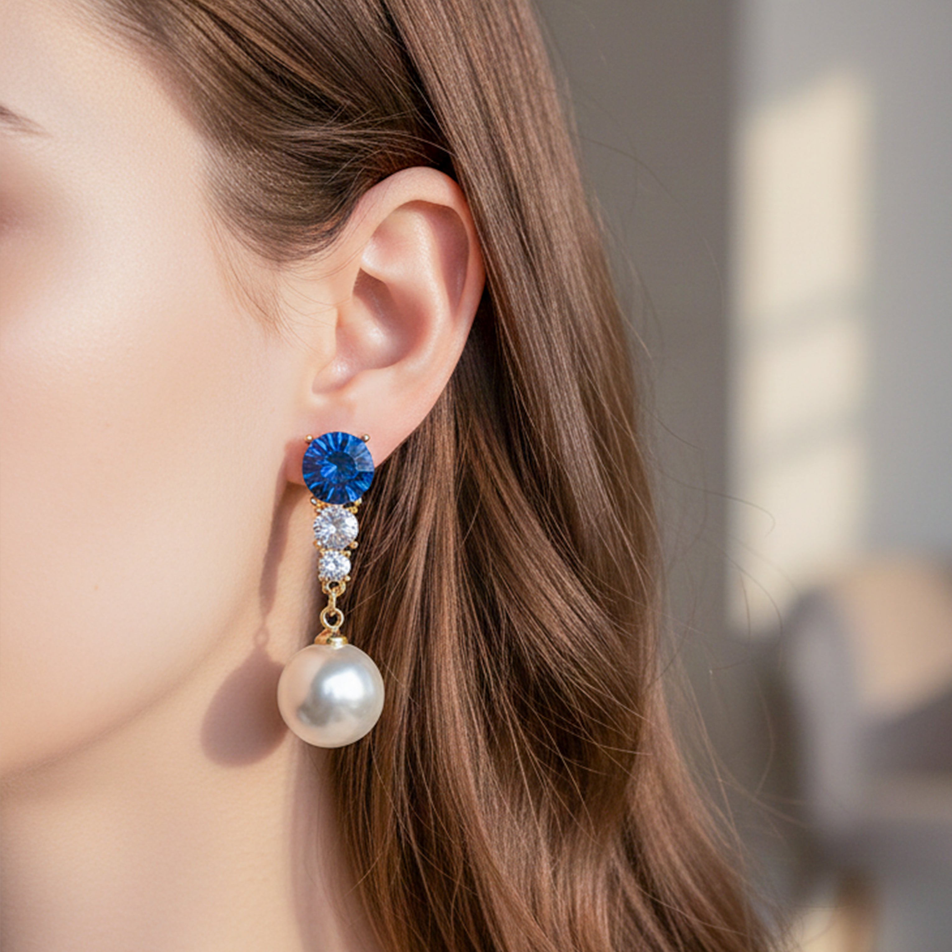 Blue Crystal & Pearl Drop Stud Earrings for women in Gold - Finora Jewels