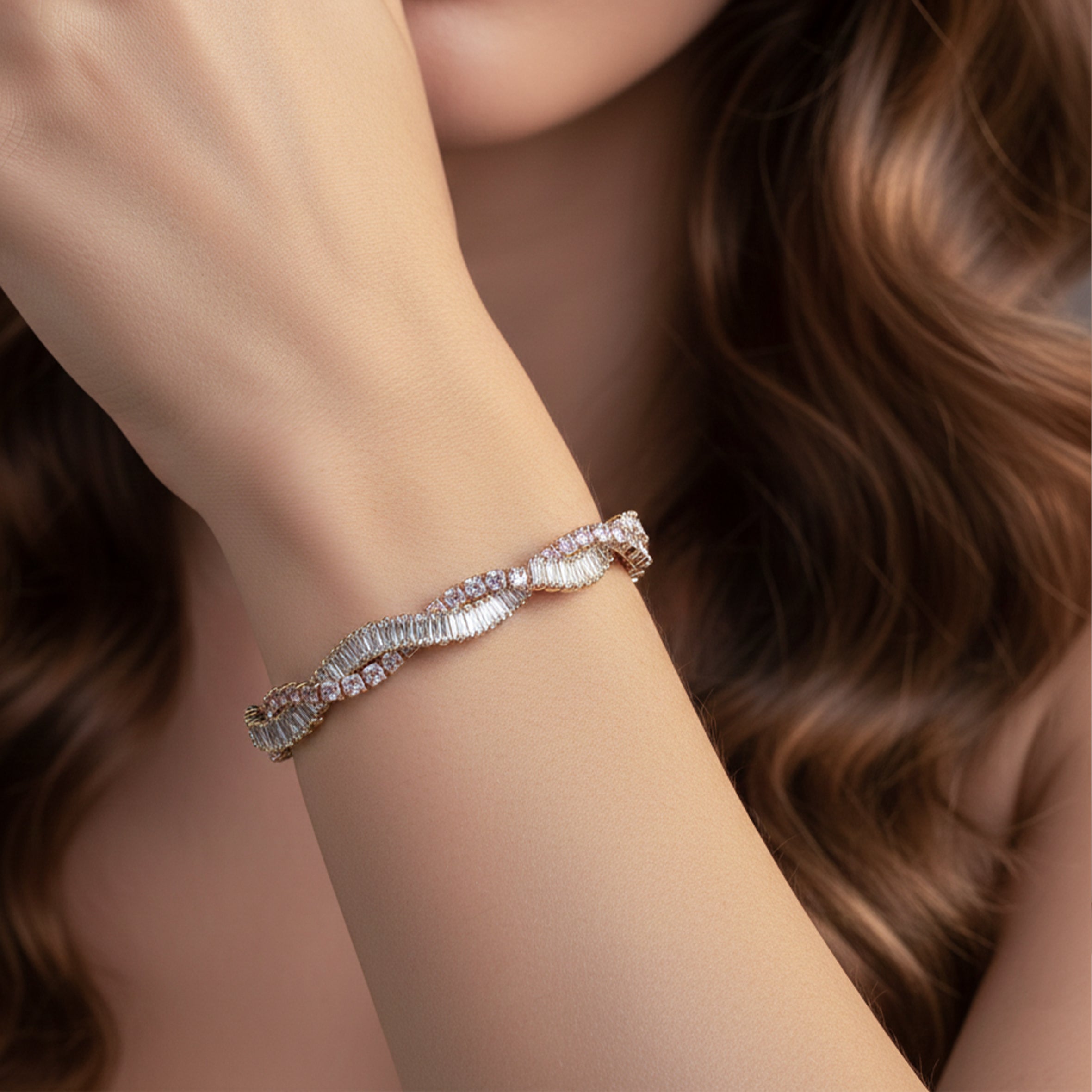 Gold Pink Baguette Stone Twisted Bracelet for women - Finora Jewels