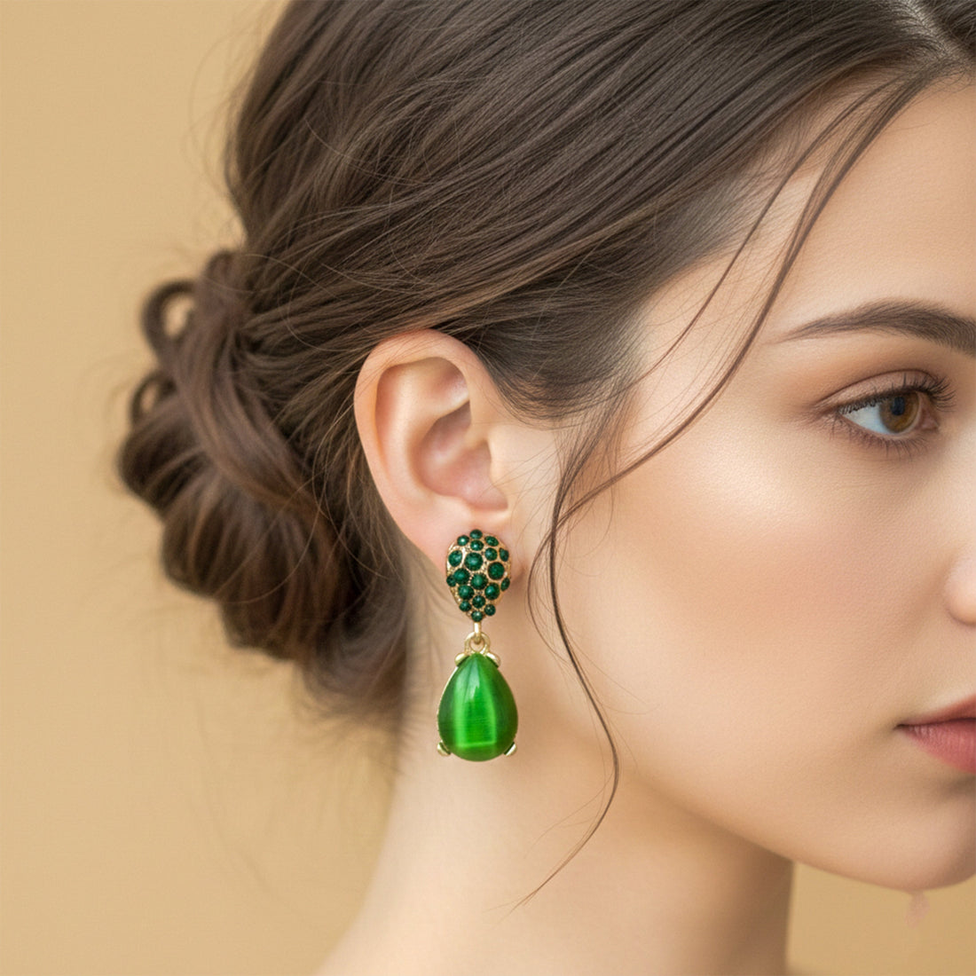 Green Crystal Teardrop Stud Earrings for women in Gold - Finora Jewels