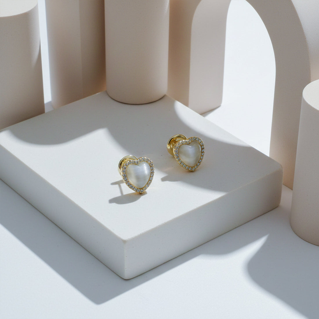 Gold Pearl Heart Halo Earrings for women - Finora Jewels
